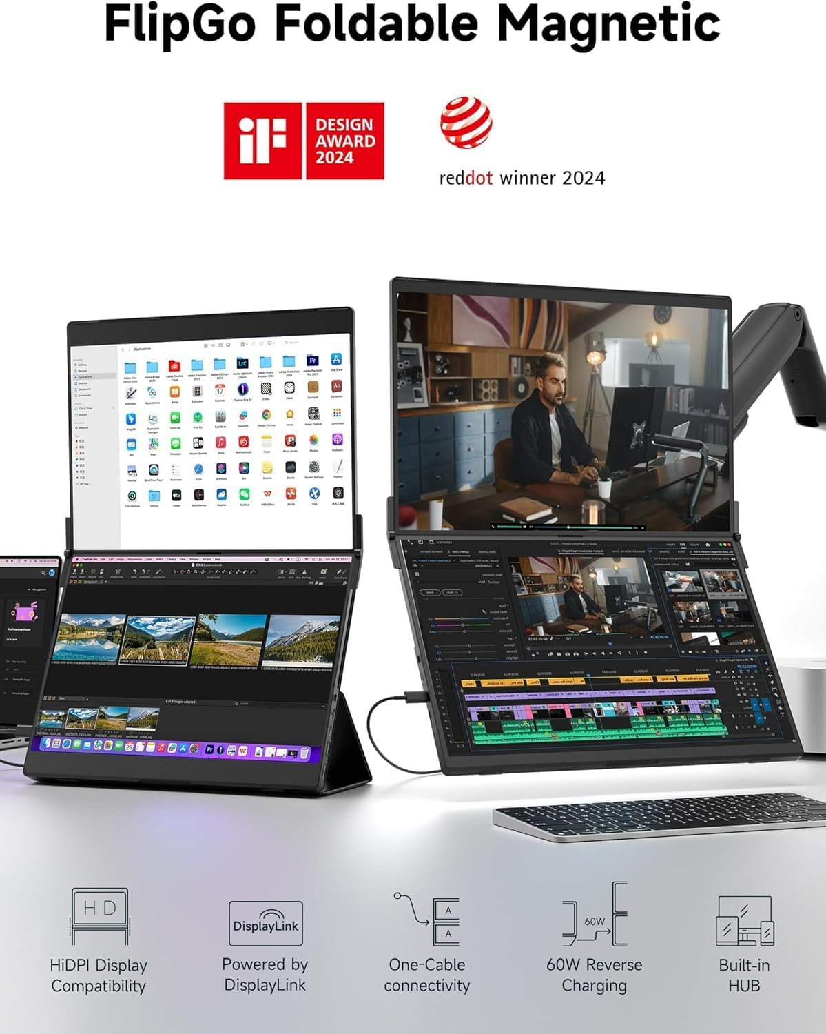 JSAUX Flipgo 13.5" Pro 2.2K Dual Screen Portable Monitor, Triple Laptop Screen Extender | Displaylink | Hidpi | One Cable to Dual IPS Screen | Built-In HUB | Magnetic Design for Windows, Linux, Macos