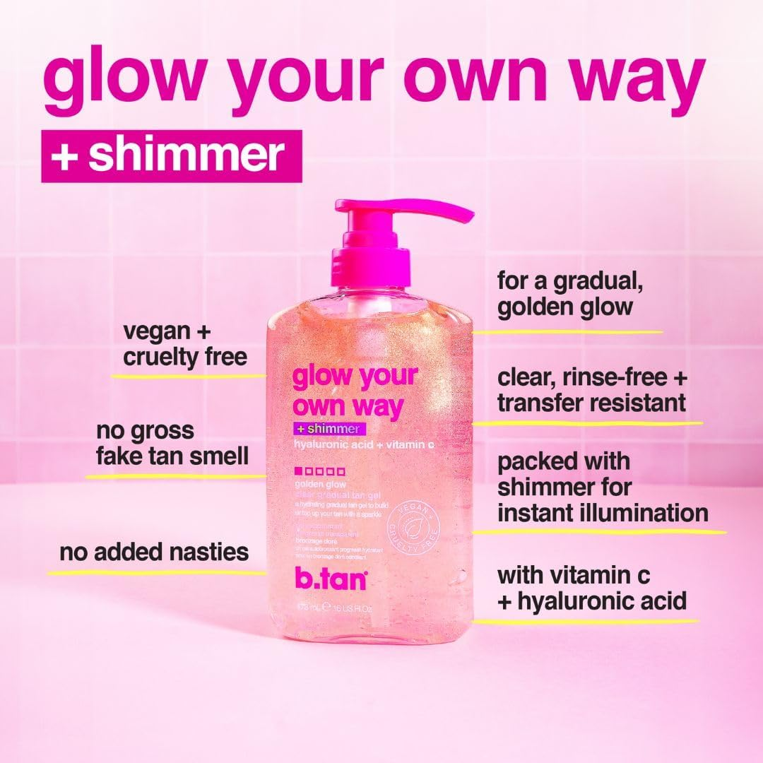 B.Tan Clear Gradual Self Tan Gel | Glow Your Own Way Shimmer - Sunkissed Golden Bronze, Transfer Free, Best Extender, Moisturizing, Non Toxic Sunless Tanning Lotion, No Fake Tanner Smell, 16 Fl Oz image number 5