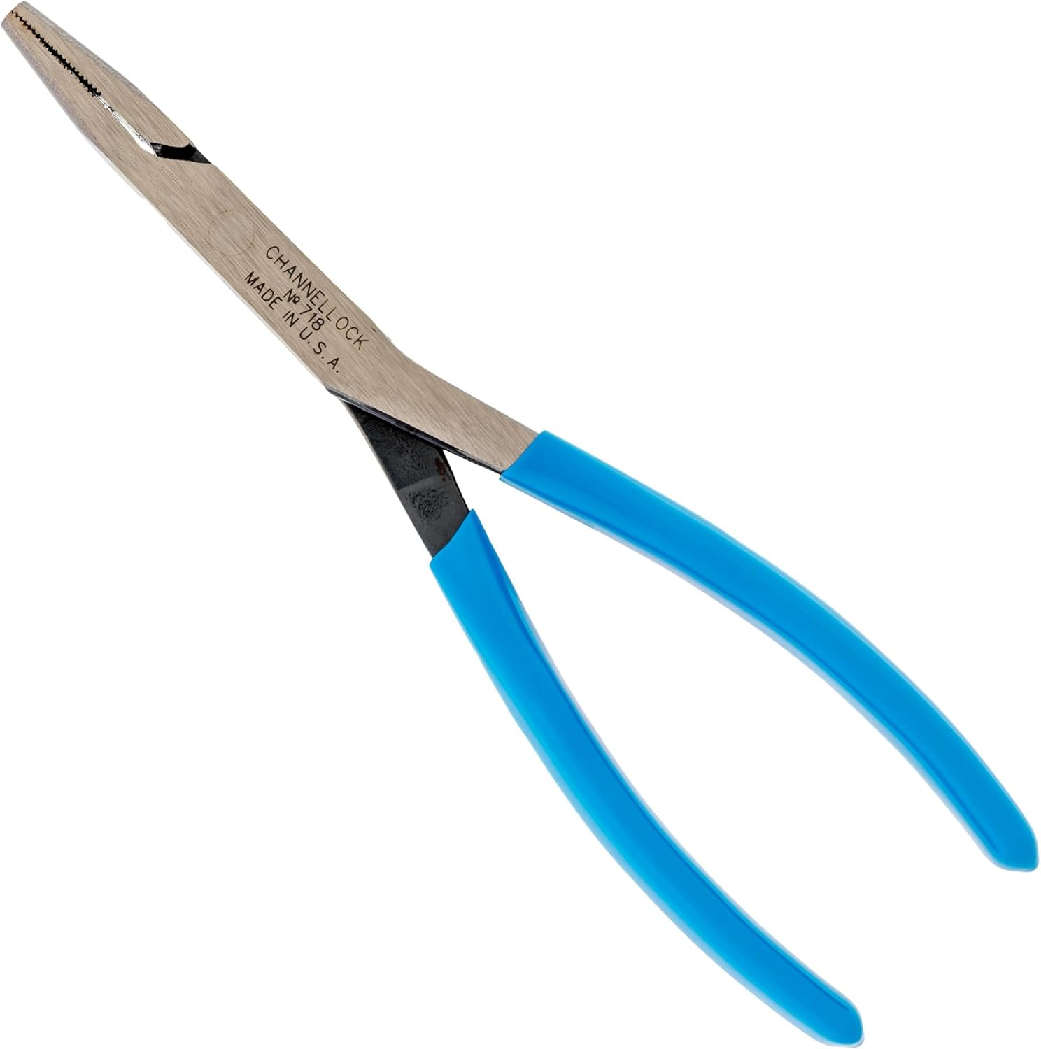 Channellock 718 8-Inch Flat Nose Pliers | Duckbill Jaw Pliers with Extra Long Nose and Crosshatch Teeth Pattern Designed for Hard-To-Reach Places | Forged of High Carbon Steel | Made in the USA image number 1