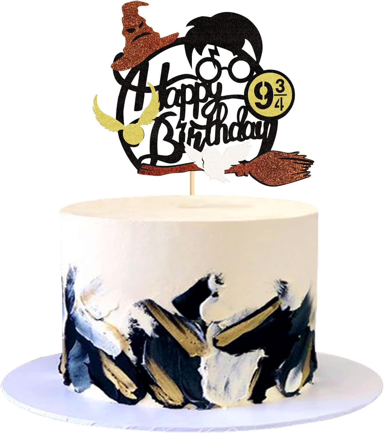 1Pc Glitter Black Magical Wizard Inspired Cake Topper Happy Birthday Cake Topper Pick for Magic Theme Party Supplies