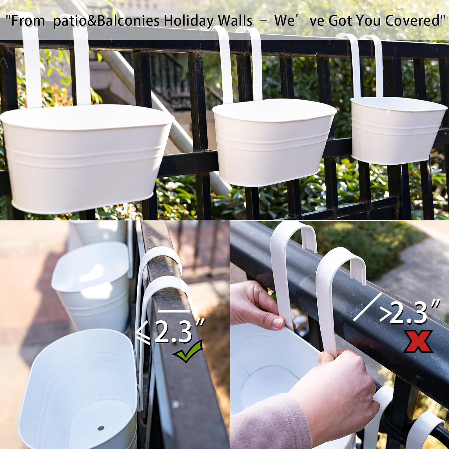 3 Pcs Pearl White Metal Hanging Flower Pots for Railing Fence, Outdoor Planter Window Flower Planter with Removable Hook&Gardening Gloves Drainage Holes for Home Decor image number 5