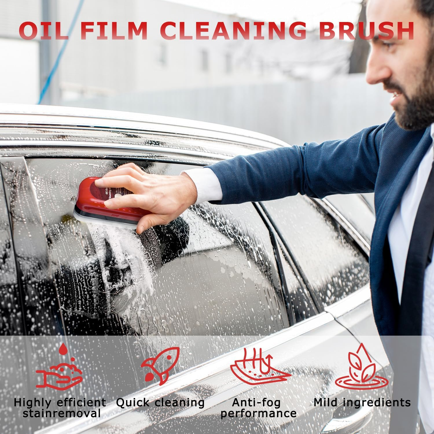 Automotive Oil Film Cleaning Brush, WEKUBA Car Glass Cleaner Brush for Rain and Fog Prevention, 2Pcs Car Window Cleaner Removes Dirt, Enhances Clarity and Visibility, Red