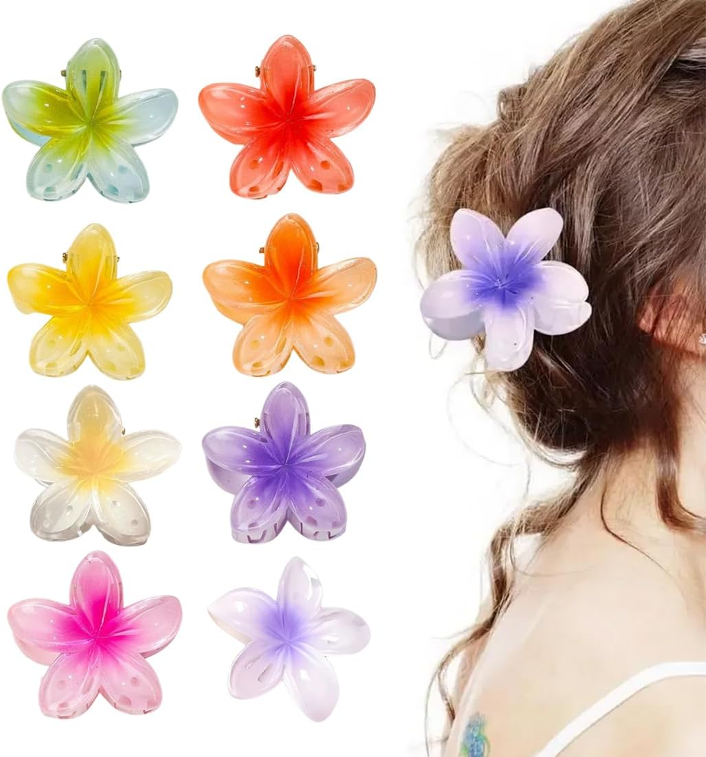 BCHKO Pack of 8 Flower Hair Clips Hair Clip Flower Hawaiian Flowers Claw Clips for Women Thick Thin Hair Styling Accessories (8 Colours) image number 2