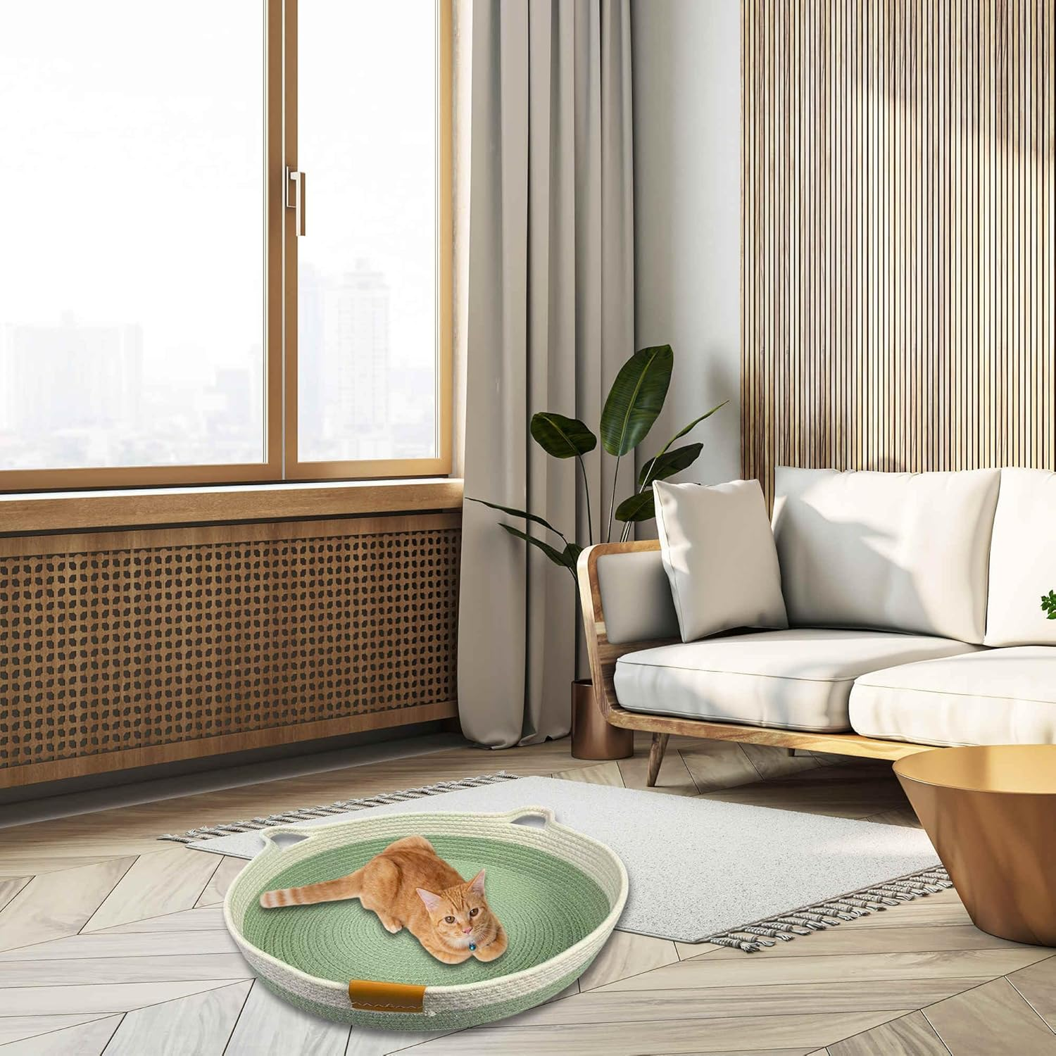 CAPASTEC Woven Cat Bed, 50 Cm Diameter, Foldable Basket Nesting Site, Breathable Pet Lounger, Claw Abrasion-Resistant Universal Kitten Bed, Light Green image number 3