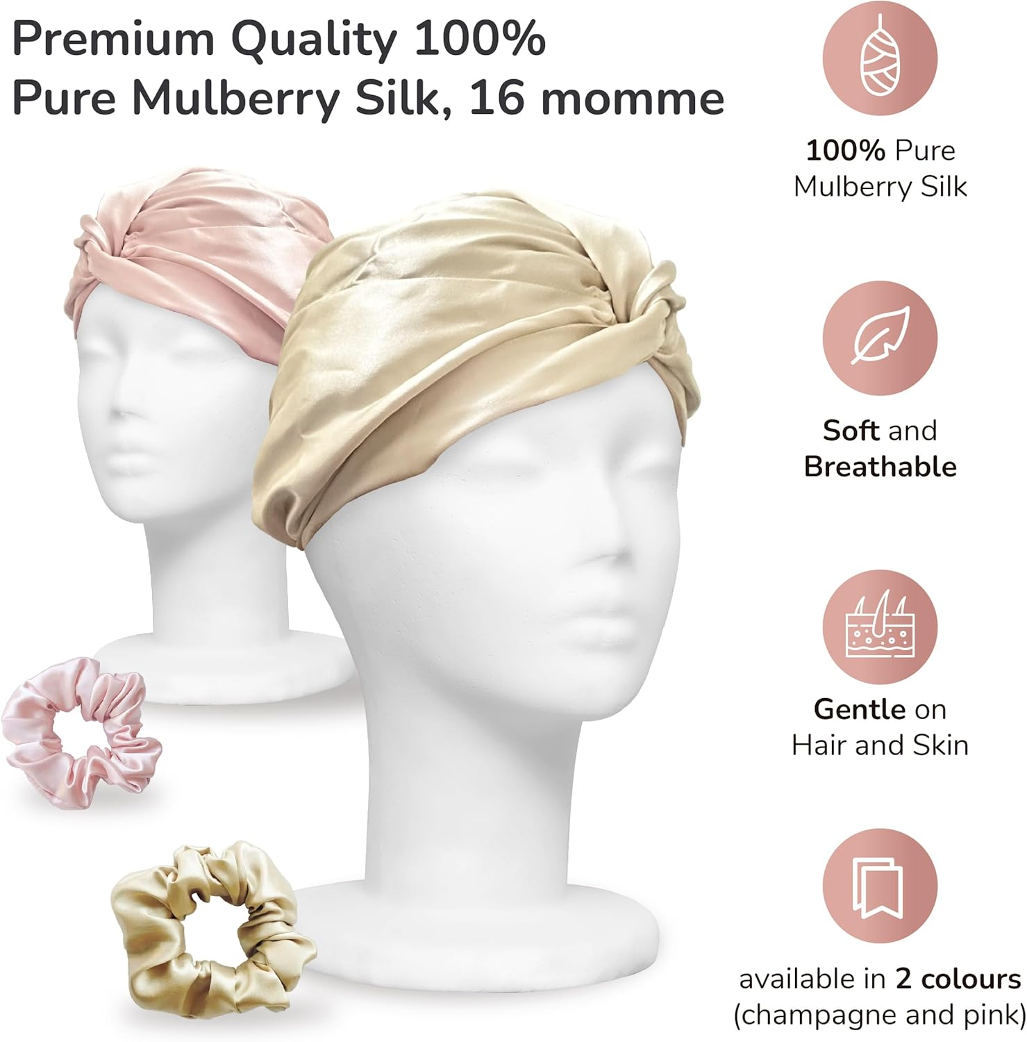 100% Mulberry Silk Hair Bonnet for Sleeping Women Double Layer with Elastic Band16 Momme 6A Grade Pink and Champagne Colours with Scrunchie and Gift Box (Pink) - Pink image number 2
