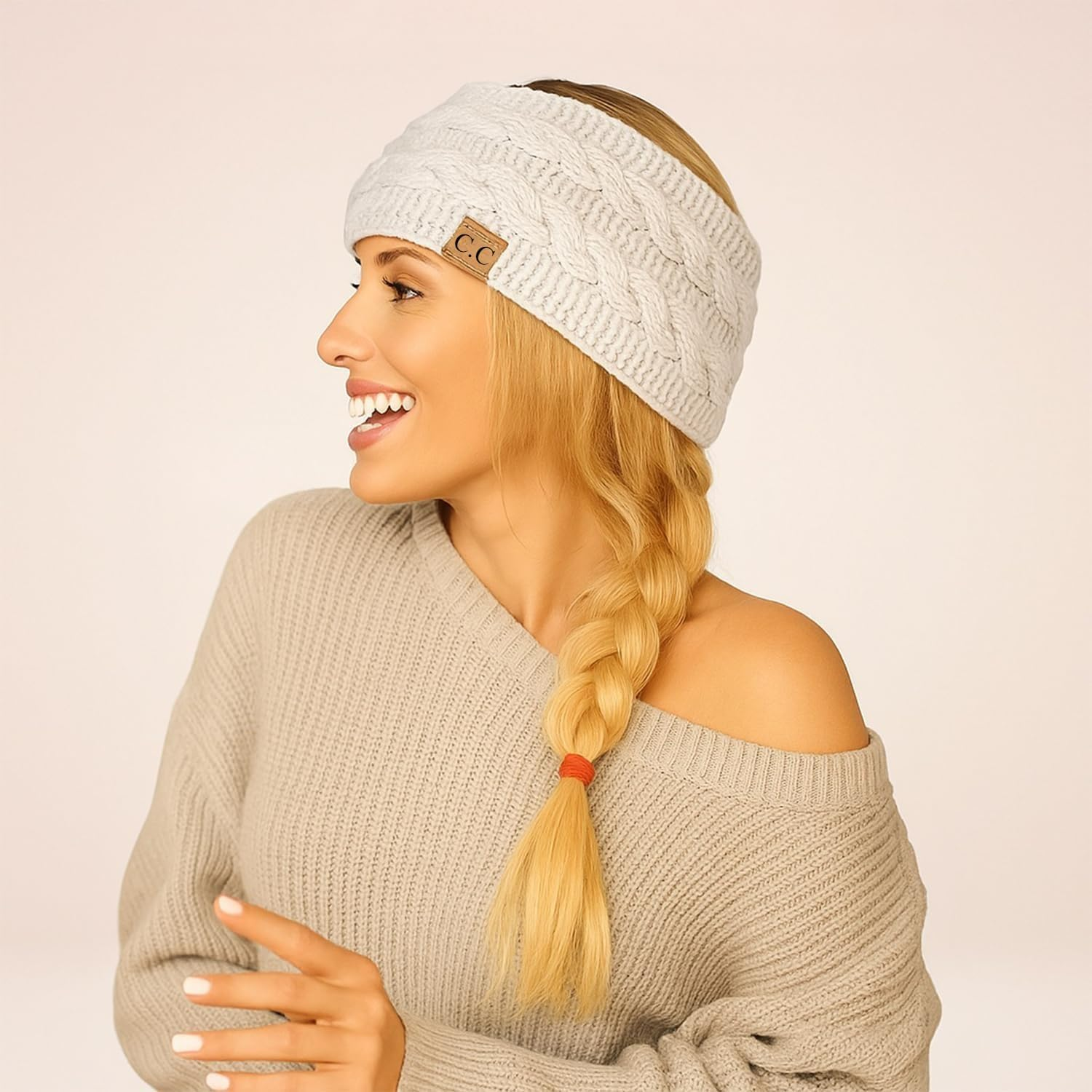 Fengea Winter Headbands for Women Wool 2 Pack, Ear Warmers for Women Headband Knit Thick Fleece Lined, Cold Weather Warm Ear Muffs, Black+Beige image number 2