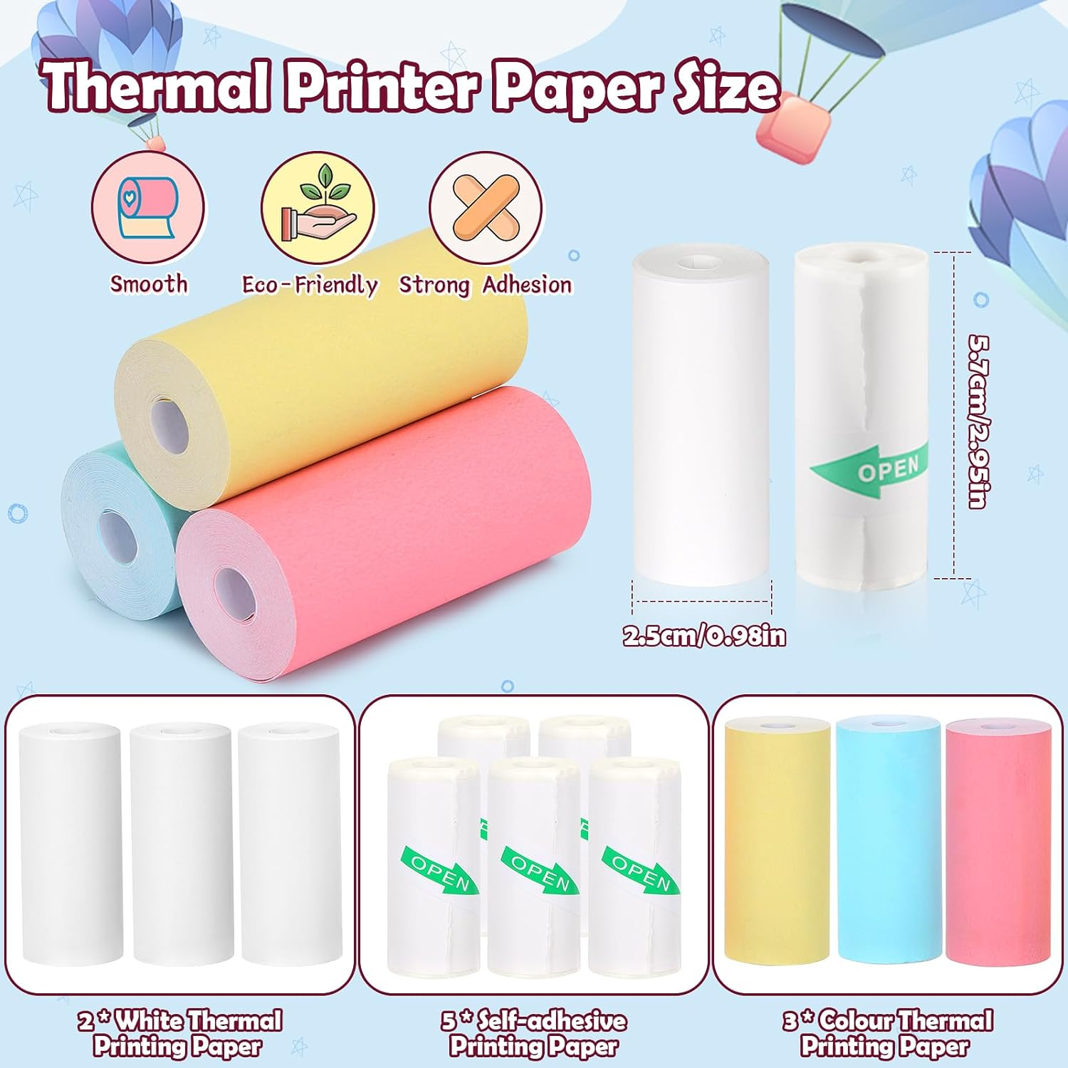 10 Rolls Thermal Mini Printer Paper for Inkless Mini Printer, 5 Rolls Thermal Sticky Paper & 5 Rolls Thermal Plain Paper, 57X25Mm, for Notes Journal Memo Photo Study image number 3