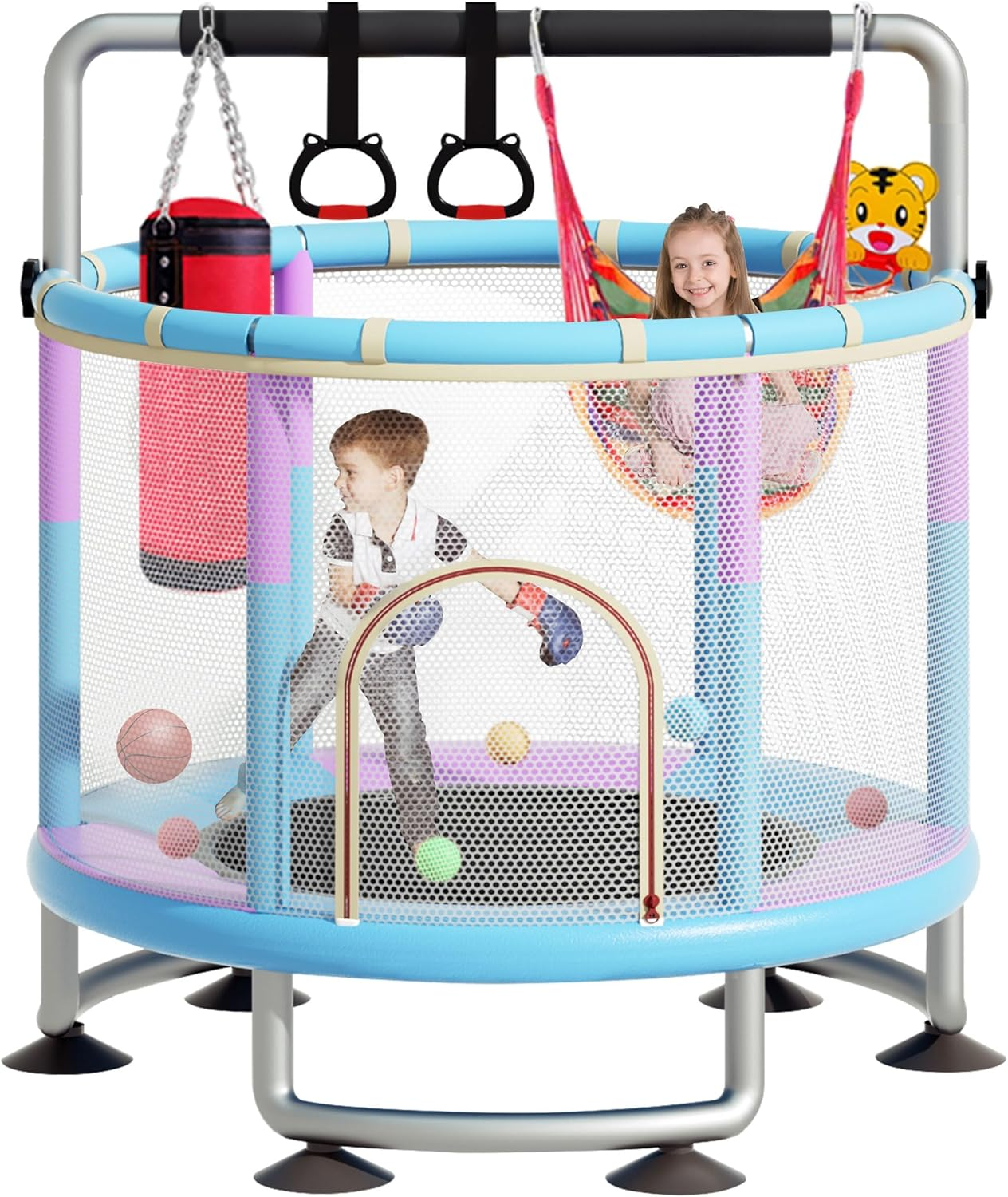60" Trampoline for Kids with Enclosure, 200Kg Capacity Indoor & Outdoor Toddler Trampoline with Adjustable Gymnastics Bar, Upgraded Ring Legs & Toys, for Boys & Girls