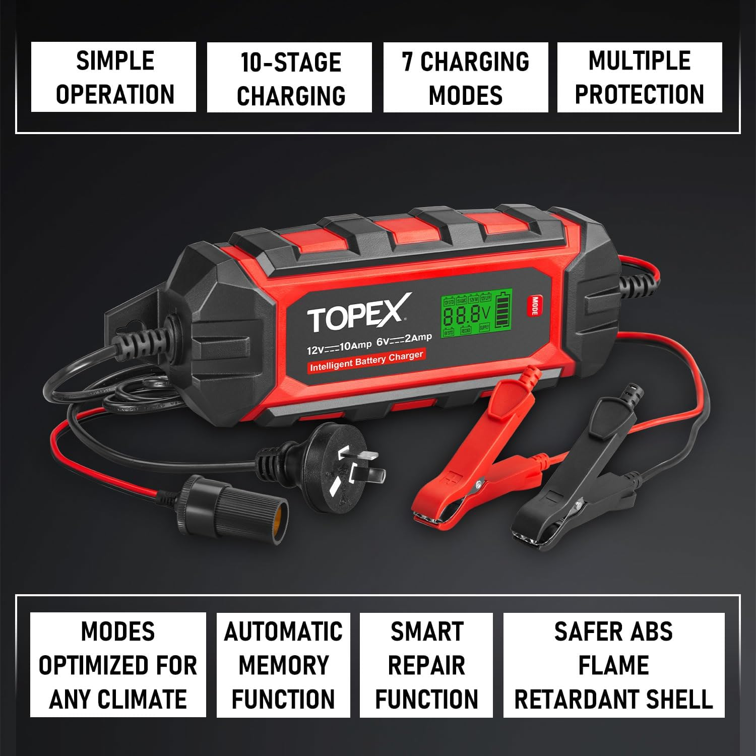TOPEX Car Battery Charger, 12V 10A/ 6V 2A Smart Automatic Battery Charger Maintainer IP65 Rated with 10 Stage Charging LCD Display for Lead Acid, Lifepo4 Battery in Car, Truck, Motorcycle, Boat, SUV image number 3