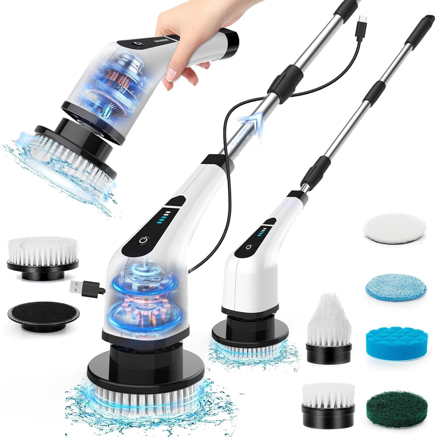 Electric Spin Scrubber, Cordless Shower Scrubber, 7 Replacement Brush Head, 1.5H Bathroom Scrubber Dual Speed, Shower Cleaning Brush with Extension Arm for Bathtub Tile Floor image number 1