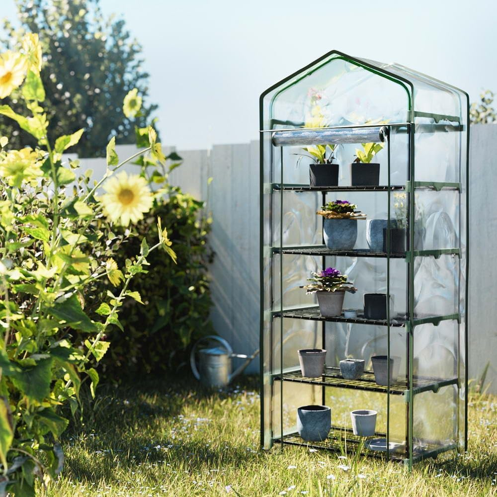 Green Fingers Mini Greenhouse, 69 X 49 X 189Cm 5-Tier Walk-In Green House Garden Shed with PE Cover, Zipper Door and Plant Shelves, Gardening Supplies for Patio, Deck and Small Backyard