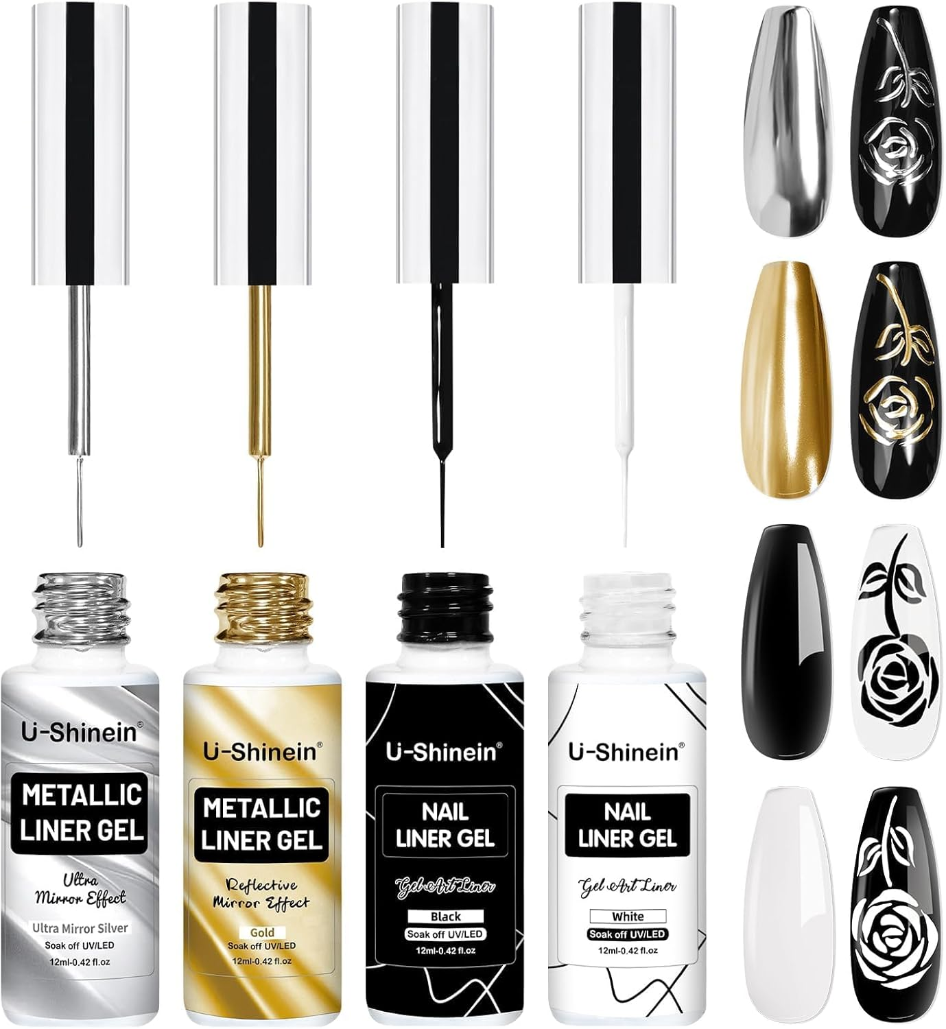 4X12Ml Metallic Mirror Painting Liner Gel Polish Set, Mirror Chrome Effect Painted Gel &Black & White Nail Polish Drawing Striper Gel Build in Thin Brush Soak off UV/LED Nail Manicure Setb
