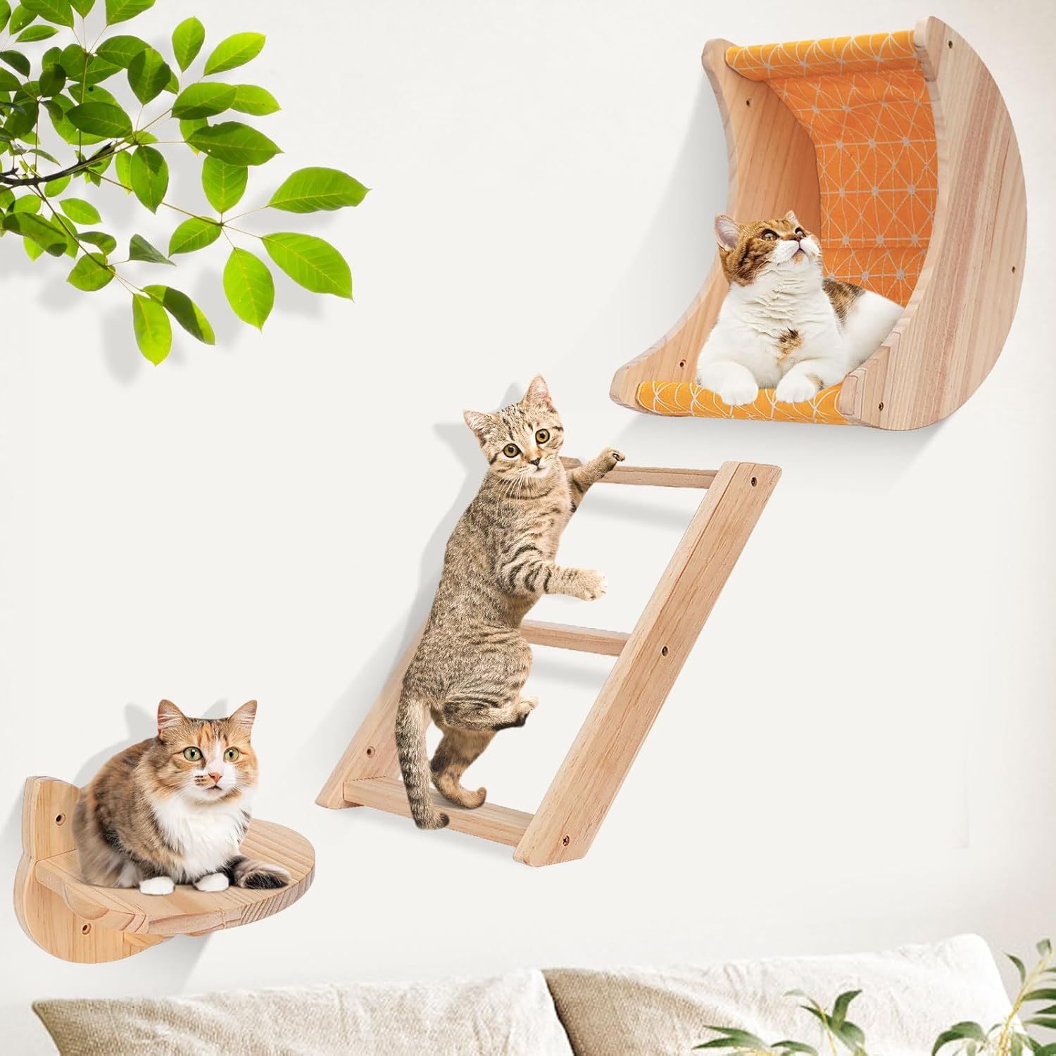Cat Hammock Wall Mounted 3Pcs Set, Wooden Cat Wall Shelves Scratching Posts, Moon Shape Cat Perches and Cat Wall Furniture for Climbing, Playing and Sleeping