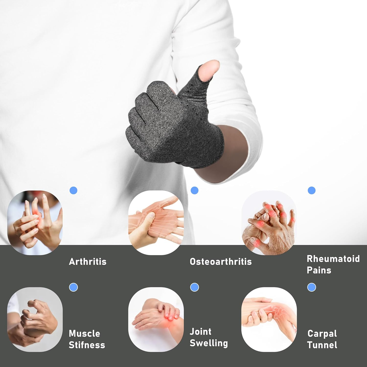 LXMY 2 Pairs Arthritis Gloves,Compression Gloves,Providing Warmth and Compression to Promote Healing,Fingerless Design,Relieve Pain from Rheumatoid Arthritis and Carpal Tunnel, Grey(2 Pair), L image number 3