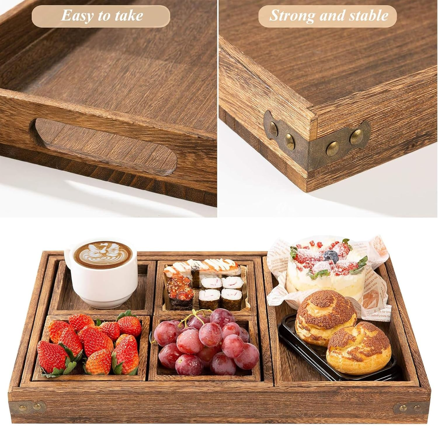 Rustic Wooden Serving Trays Set of 7, Rectangular Platters for Snacks, Coffee Table, Breakfast, Home Decor image number 2