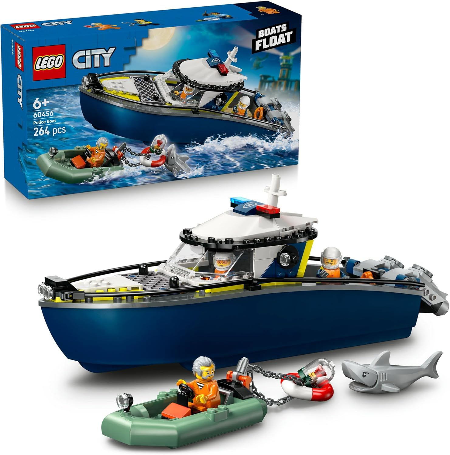 LEGO&reg; City Police Boat Chase 60456 Toy Building Set, Floatable Speedboat and Crook&rsquo;S Dinghy, Toy Idea for Everyday Heroes Aged 6 and Up, 1 Crook and 2 Police Officer Minifigures, plus a Shark Figure image number 5
