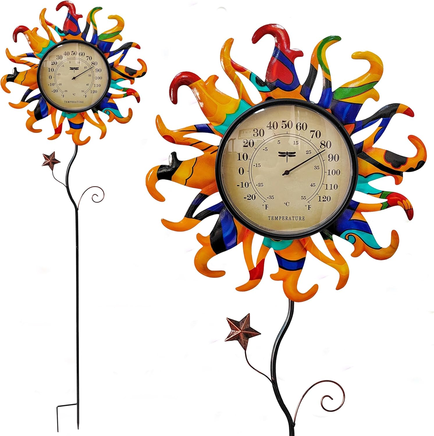 Metal Sun Thermometer Indoor Outdoor Ornament Wall Art Decor, Sun Plaque Sculpture Hanging Mounted for Living Room Bedroom Kitchen Patio for Home or Garden, No Battery Required (ORANGE SUN STAKE)