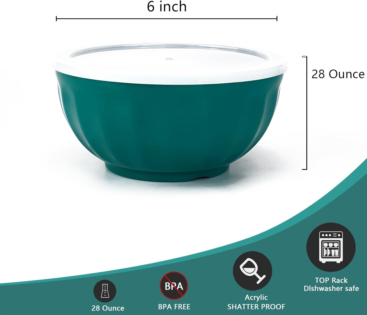 Yalin Melamine Bowls Set, 6 Inch 100% Melamine Cereal/Soup/Salad Bowls, 28Oz, Set of 6 in 6 Assorted Colors, Shatter Proof and Dishwasher Safe, BPA Free (With Lid) image number 2
