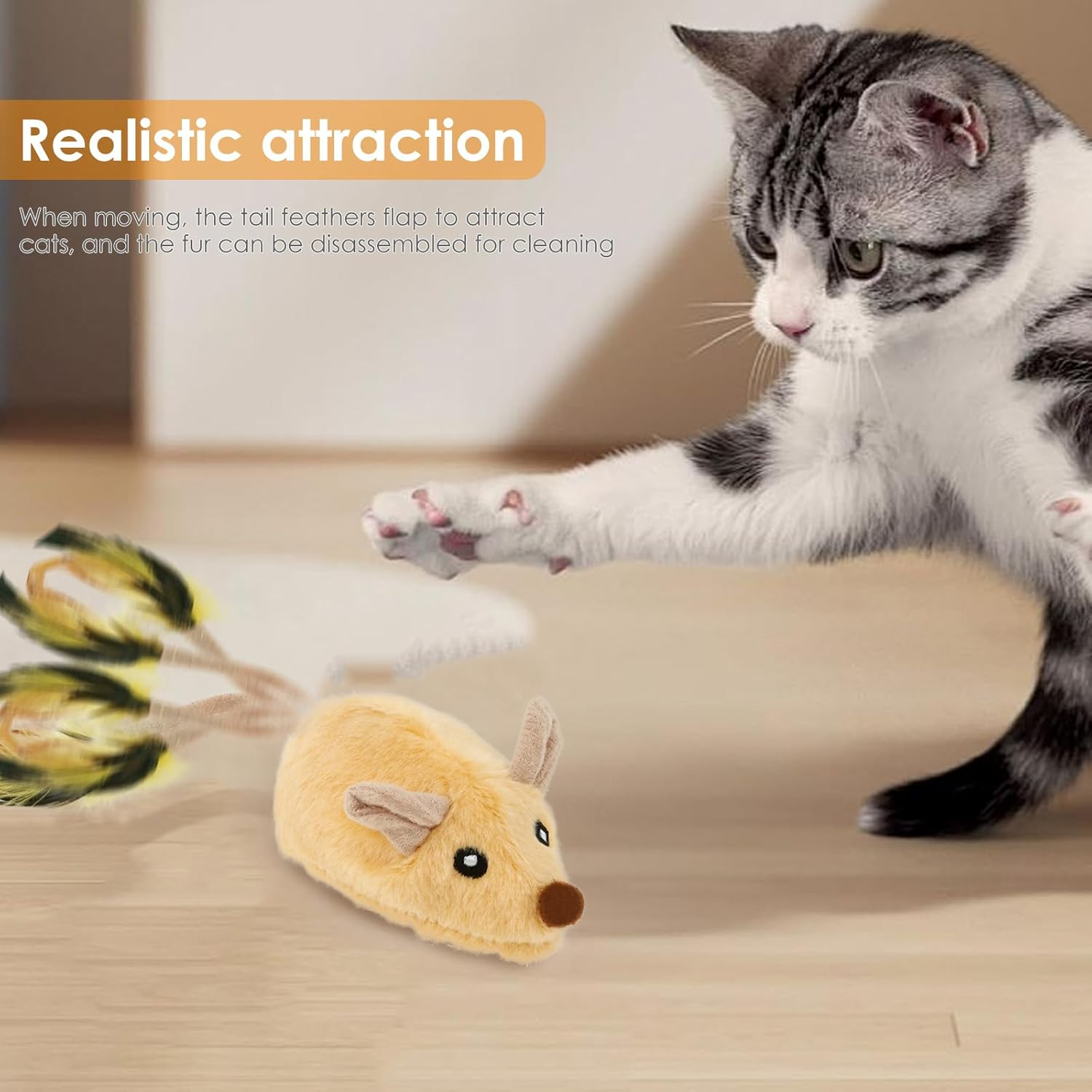 Awobepl 2Pcs Interactive Cat Toys with Feather Tail USB Rechargeable Moving Cat Toy with LED Light Cute Moving Kitten Toys Electric Cat Toy for Indoor Cat Boredom image number 2