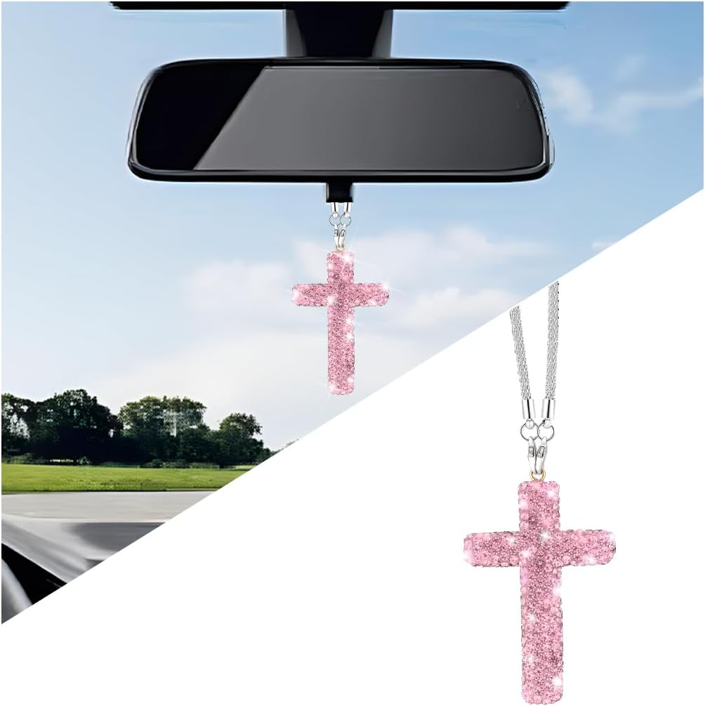 HZEL Bling Car Hanging Ornament, Cross Crystal Rhinestone Vehicle Rear View Mirror Pendant, Diamond Religious Rearview Mirror Decoration Charm, Universal Automotive Interior Accessories (White)