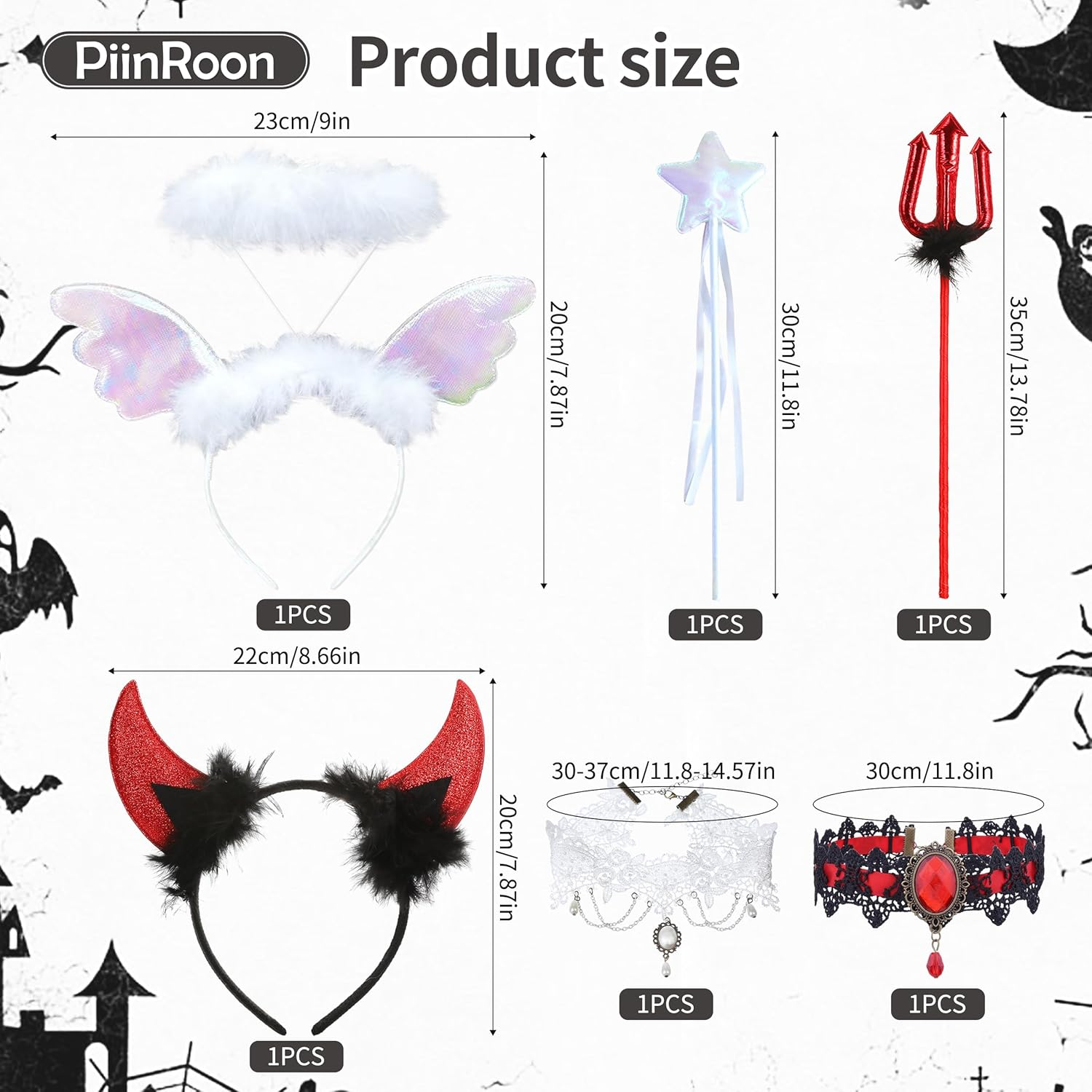 Piinroon Halloween Headbands, 6 Pcs Angel Halo Headband and Devil Horns Headband Set, Black White Halloween Hair Accessories with Choker Necklace for Women Costumes Accessories image number 3