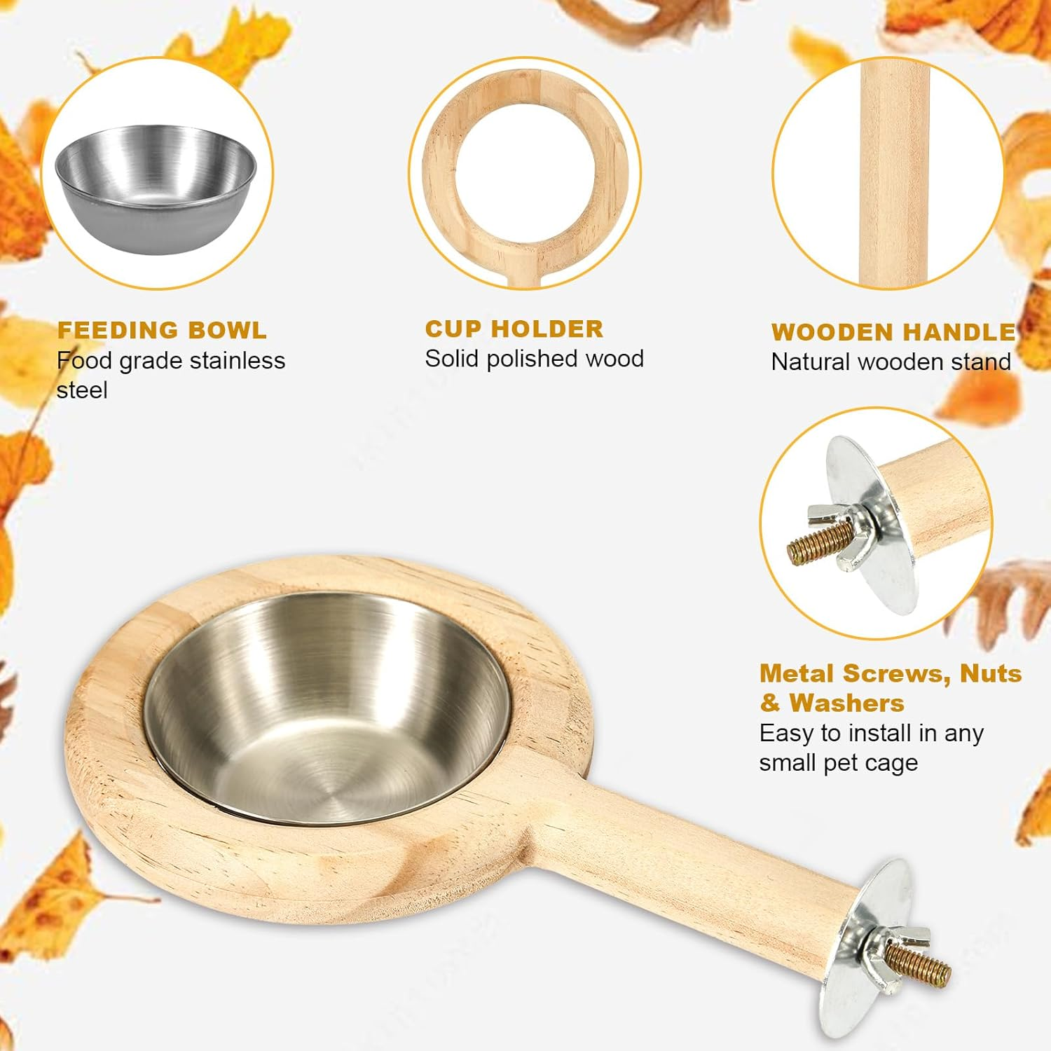 NQEUEPN Wood Parrot Perch with Feeding Cup for Parakeets, Cockatiels, Conures, Lovebirds, Budgies - Stainless Steel Bowl - Solid Wooden Perch Stand image number 3