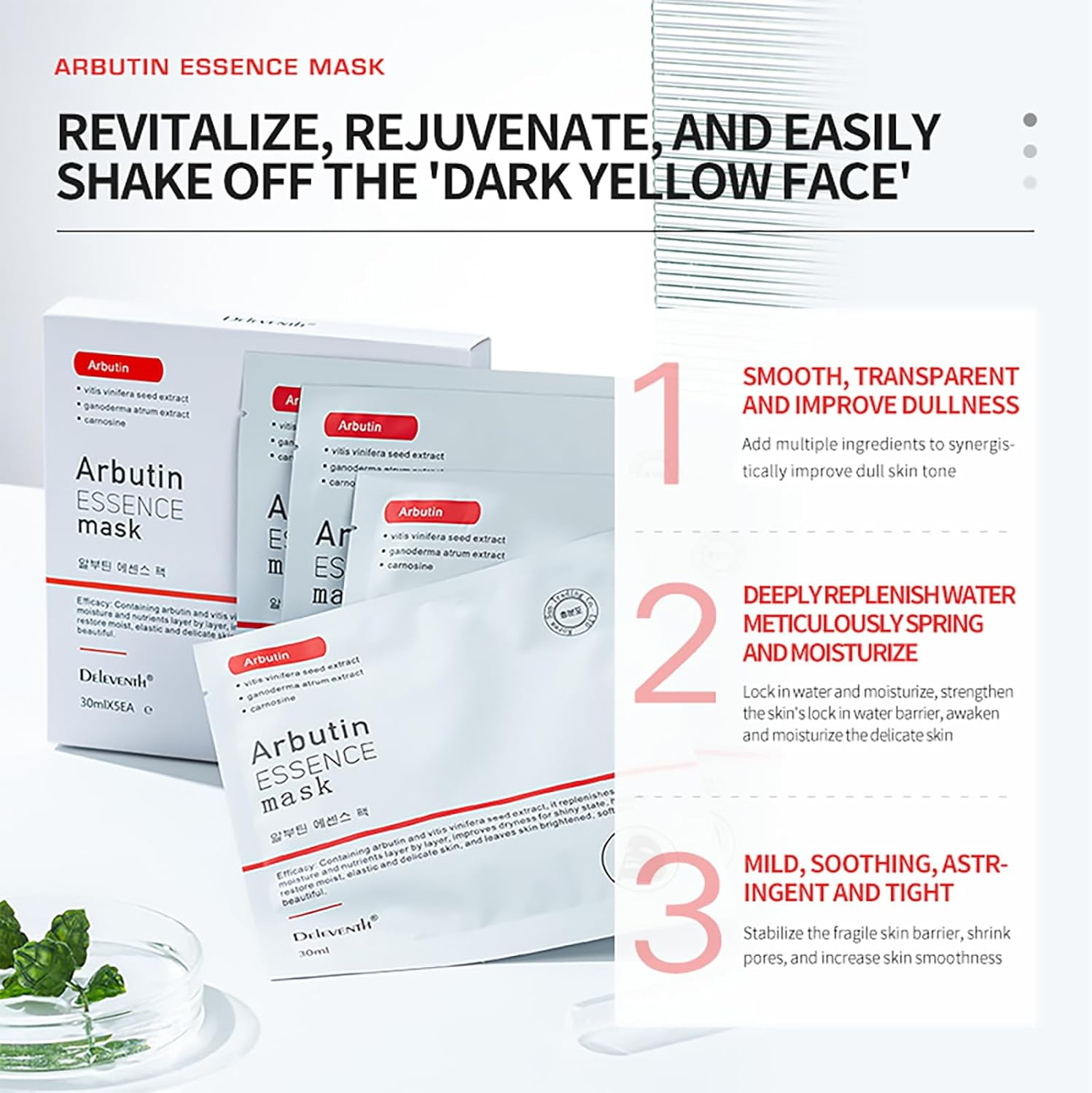 Deleventh Korean Brand &Alpha;-Arbutin Essence Facial Mask 30Ml &times; 5Pcs / Brightens, Hydrates, and Firms Skin, Balances Skin Moisture and Oil, Reduces Dark Spots and Fine Lines image number 3
