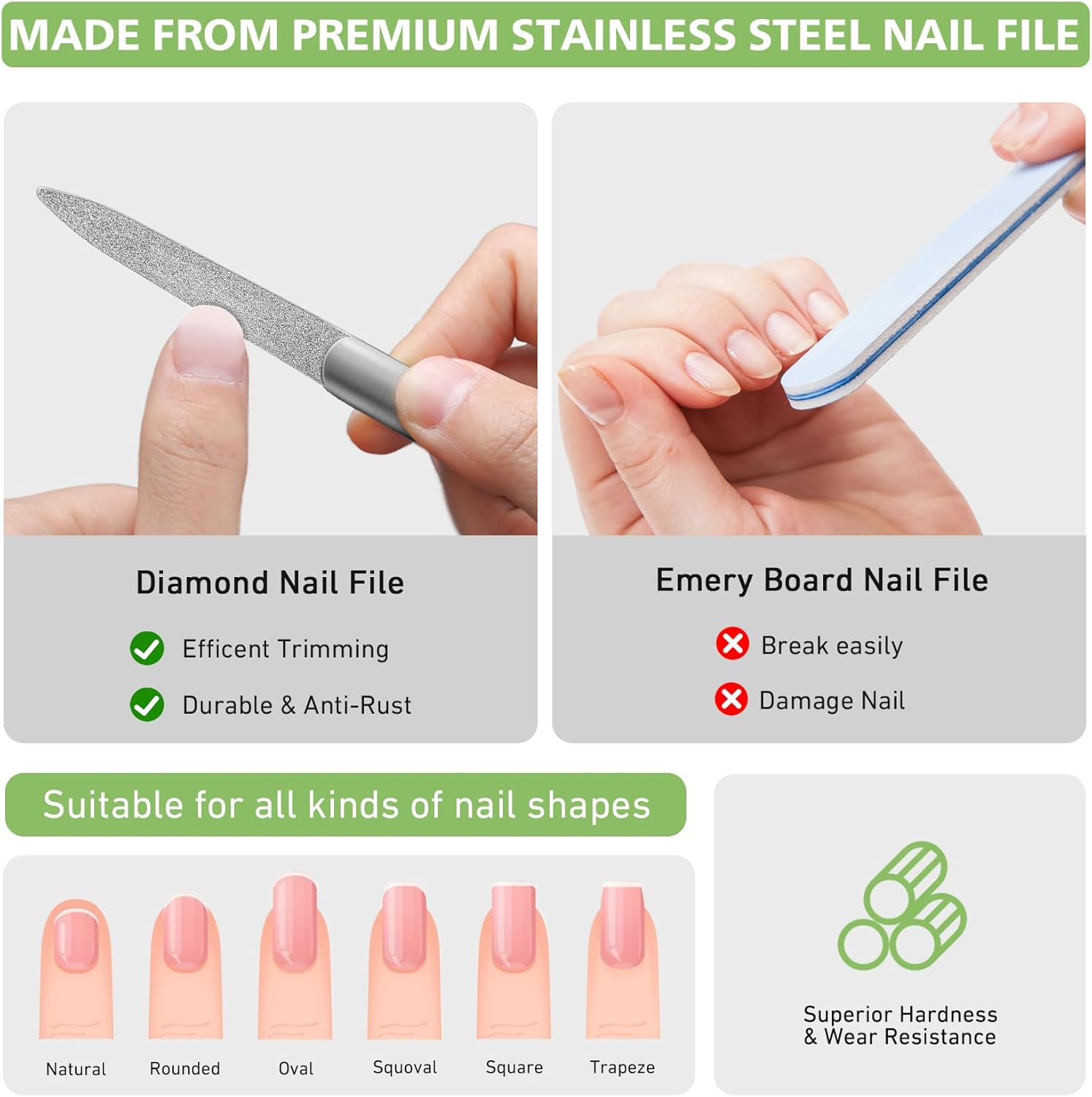BALUCA Stainless Steel Diamond Nail File for Natural Acrylic Nails, Double Sided Metal Fingernail Toenail File for Women, Durable and Efficient Nail Care Tool