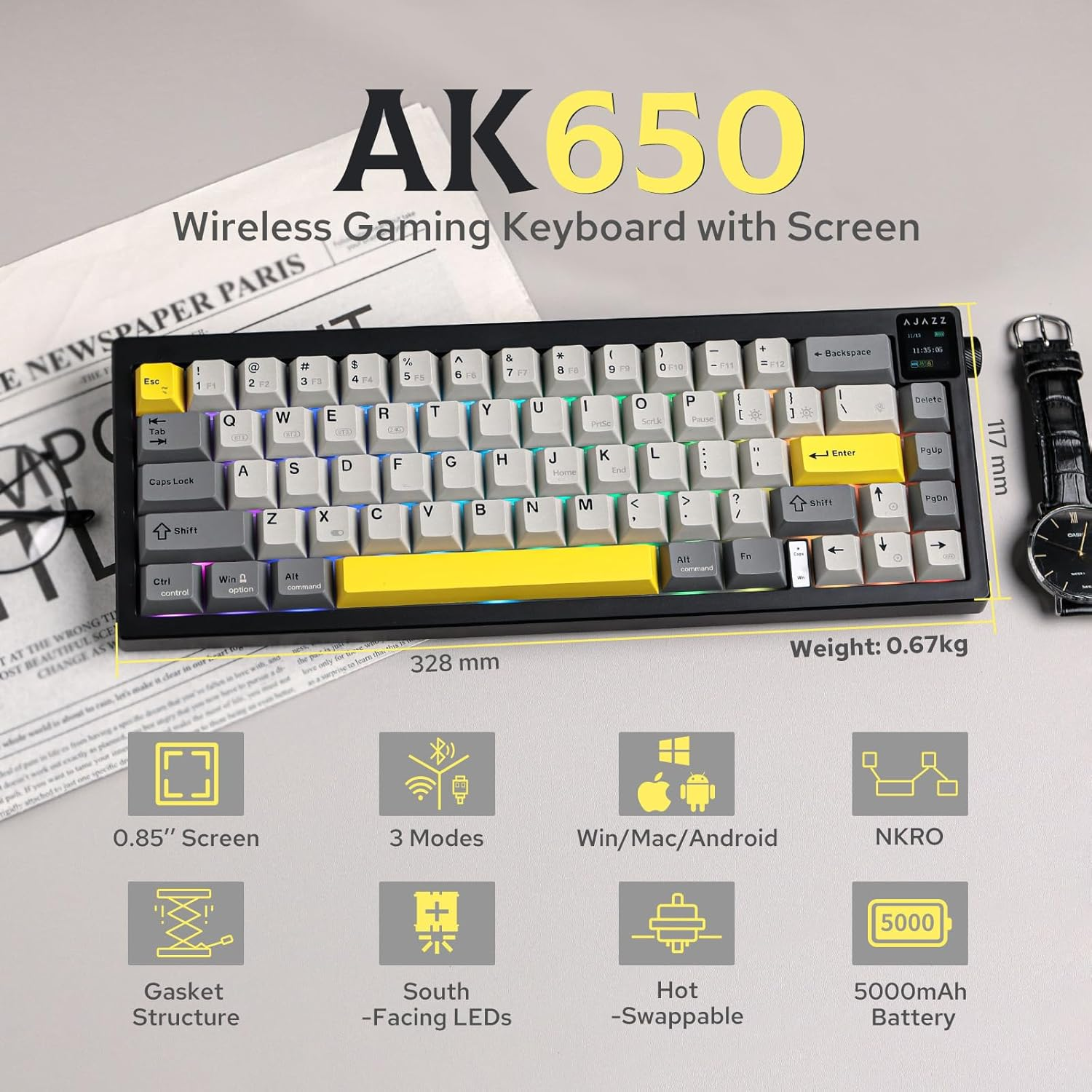 Mechlands AJAZZ AK650 65% Gasket Mechanical Keyboard, 3 Modes Wireless Gaming Keyboard with 0.85'' TFT Screen & Knob, Hot Swappable, 5000 Mah Battery, Flex-Cut Plate & PCB, RGB (Grey) image number 5