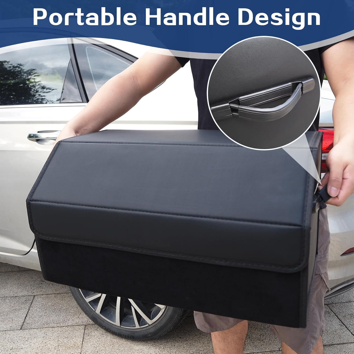 Trunk Organizer for SUV Sedan, Car Boot Organizers, Suede Nappa Leather Storage Box, Collapsible Adjustable Multi Compartment Magnetic Lid, Car Storage Boot Tidy Organizer Accessories (Black) image number 2