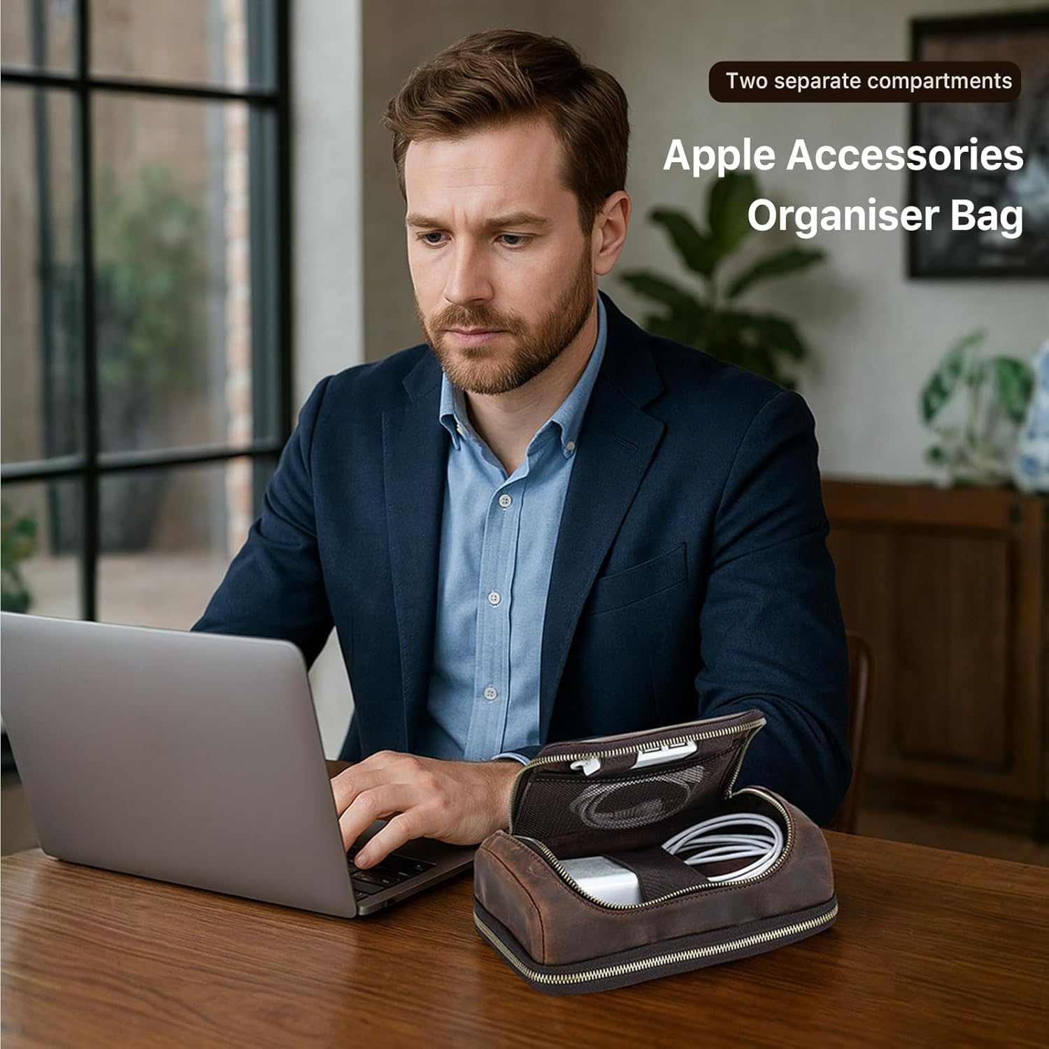 CONTACT'S FAMILY Electronic Organizer Zipper Bag Tech Pouch Handmade Crazy Horse Leather Portable Compact Electronics Travel Organiser Fits Laptop Tablet Cell Phone Accessories Coffee image number 3