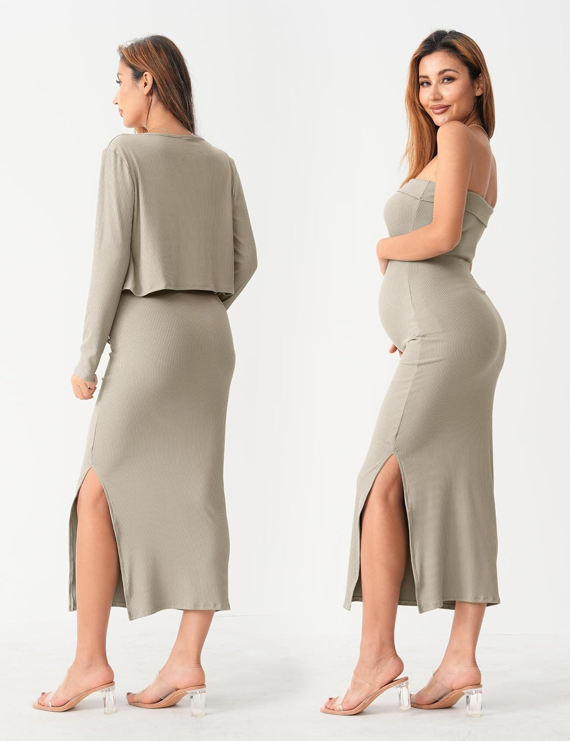 SUNNYBUY Baby Shower Maternity Tube Dress Short Cardigan Bodycon Ribbed Maxi Dress Casual 2 Piece Pregnancy Outfit Set, Taupe, Xx-Large