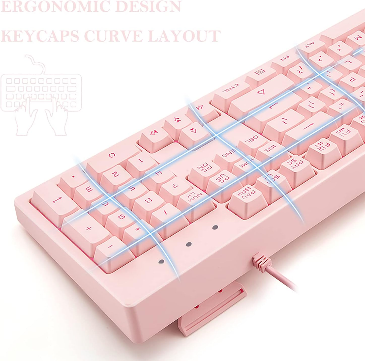 Basaltech Pink Keyboard with 7-Color LED Backlit, 104 Keys Quiet Silent Light up Keyboard, 19-Key Anti-Ghosting Cheap Gaming Keyboard Mechanical Feeling Waterproof Wired USB for Computer, Mac, Laptop - Blue image number 6