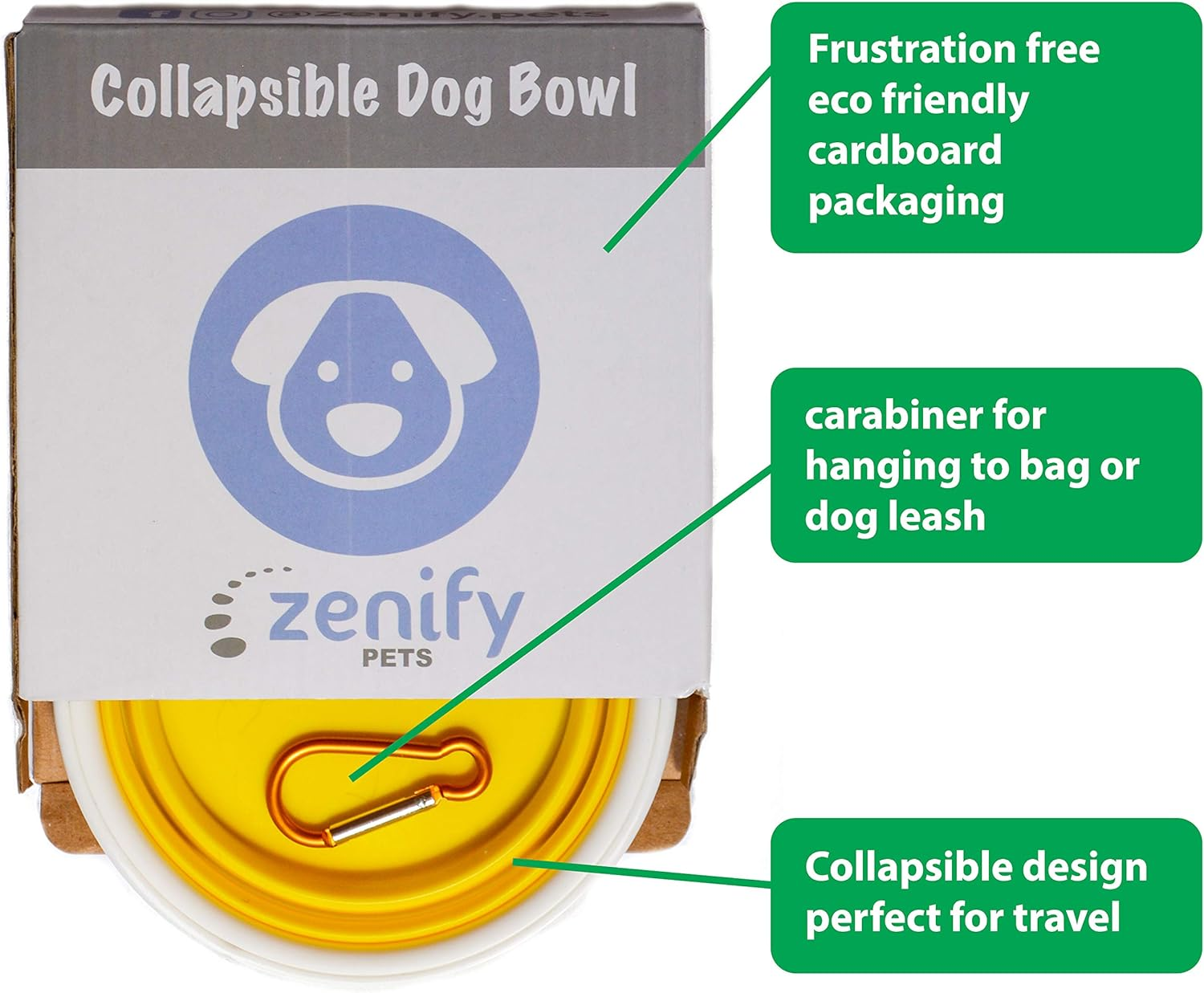 Zenify Dog Bowl - 400Ml Collapsible Foldable Food and Water Feeder Dish - Portable Travel Leash Lead Slim Accessories for Training Pets Puppy Dogs (5 Inches / 12.7 Cm) (Yellow/White) - Green/White image number 2
