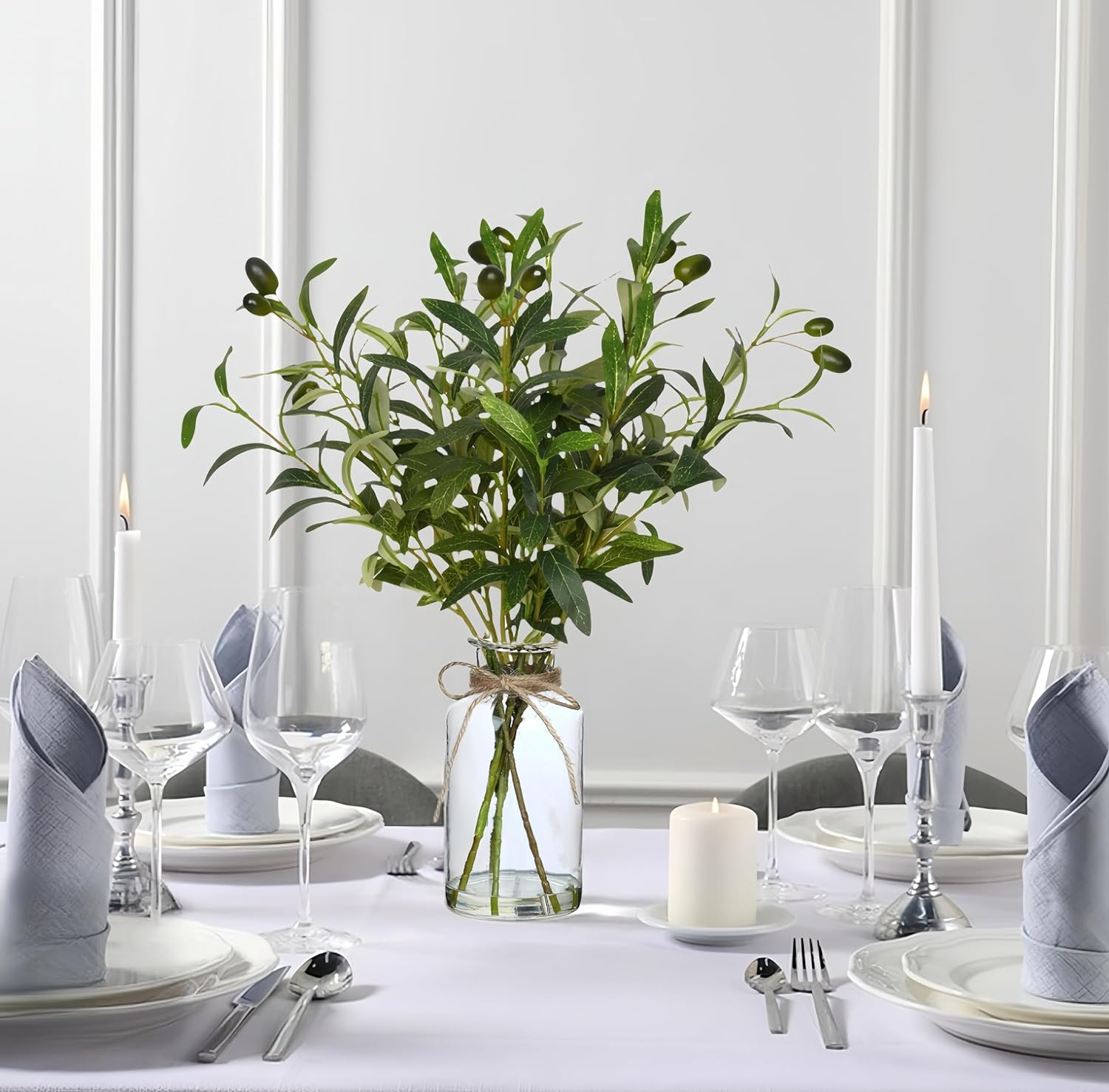 Avoik Artificial Plants Olive Branch in Glass Vase, 14.5&rdquo; Fake Plant Greenery Stems with Olive Branches Faux Eucalyptus Stems for Home Office Farmhouse Wedding Table Centerpiece D&eacute;cor image number 4