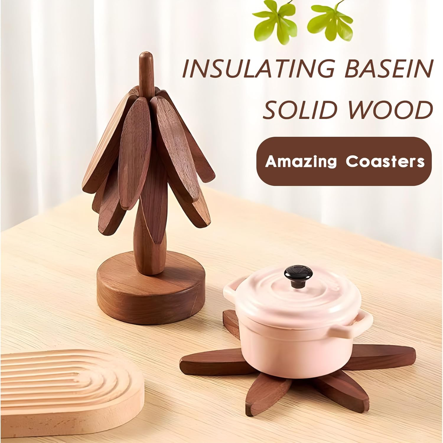 4Pcs Wooden Trivets, Yellow-Brown Tree Coasters - Table Decoration for Hot Dishes Hot Pad Bowls and Teapots，Heat Resistant Beech Wood image number 4