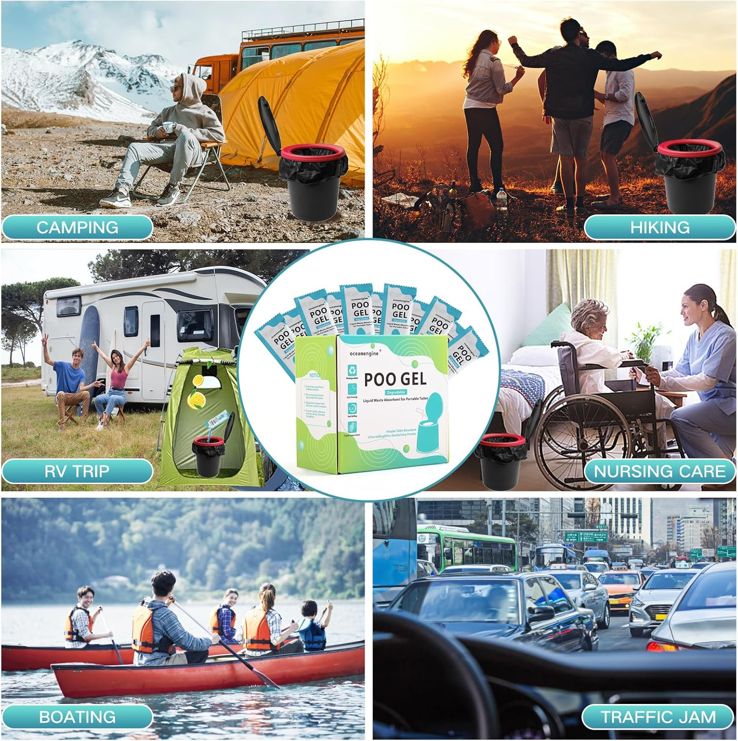 Portable Toilet Absorbent Gel, Portable Toilet Powder Poo Urine Powder for Camping Outdoor Hiking - 60 Packets image number 7