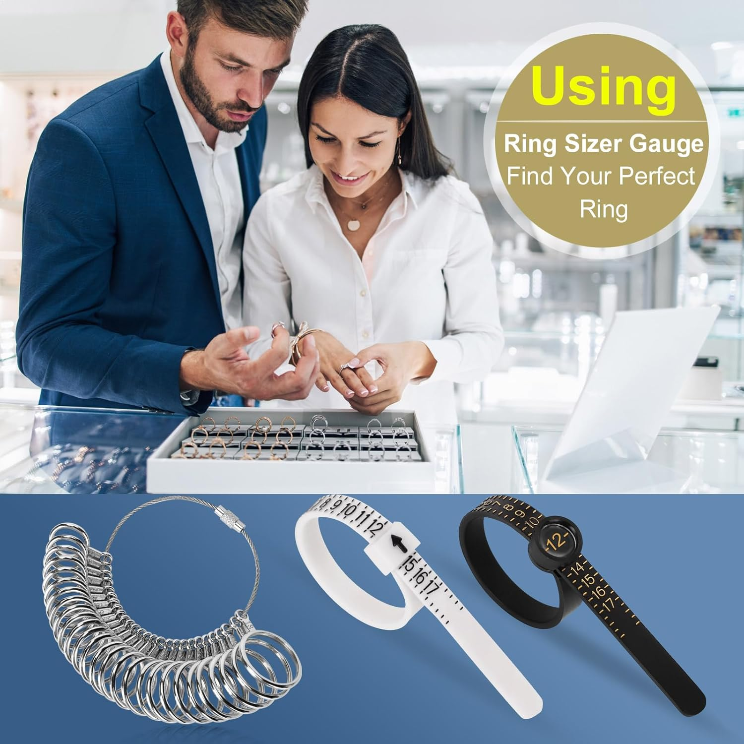 Ring Sizer Measuring Tool Kit Upgraded, 27 PCS Stainless Steel Measuring Ring Tool, US Ring Size 0-13 with Half Size, 2 PCS Reusable Finger Size 1-17 USA Rings Size with Magnified Glass image number 3