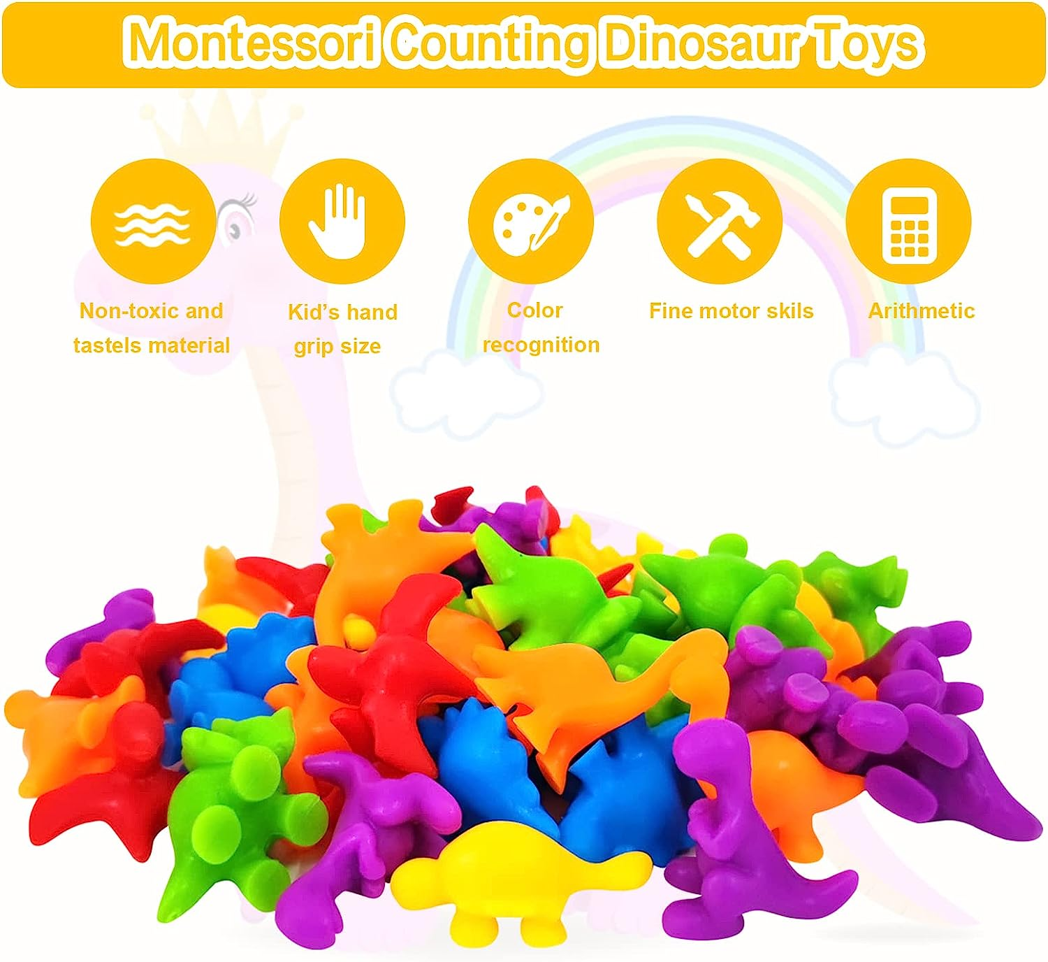 Rainbow Dinosaur Sorting Toy, YEESON 56 Pcs Counting Dinosaurs Toys Set, Dinosaur Counting Matching Game for Kids with Sorting Bowls and Tweezers Suitable for Toddlers and Preschoolers