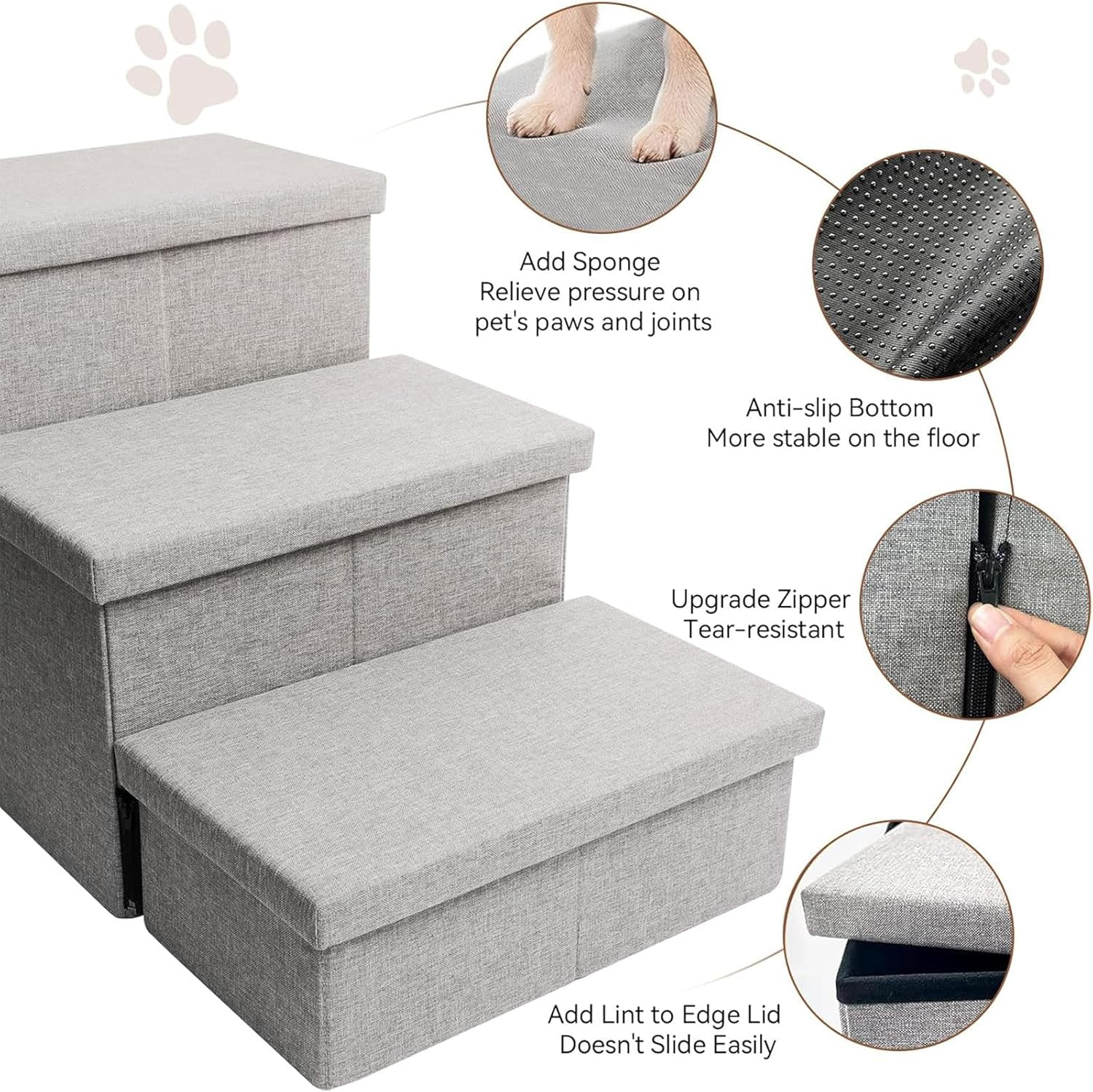 Dog Step Stairs with Storage, Foldable 3-Step Wider Dog Steps for High Beds Couch, Portable Cat & Puppy Steps, Dog Stair Ramp with Storage Box image number 4