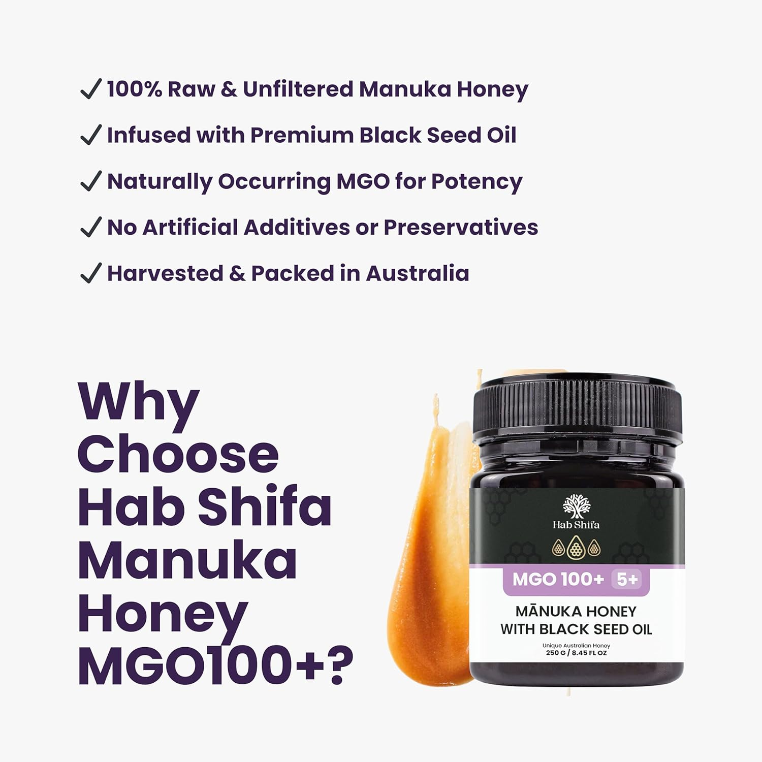 Hab Shifa Manuka Honey MGO100+ with Black Seed Oil 250G | Australian Honey for Immune & Digestive Support | Natural Soothing Relief & Antioxidant Superfood image number 2