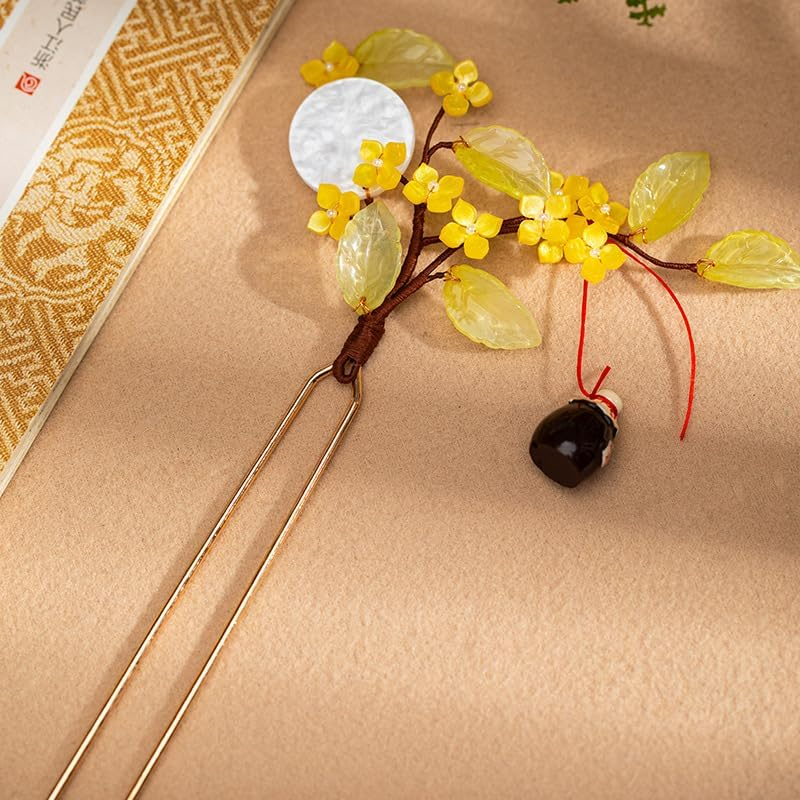 Rabithenn Rainbow Pink Chrysanthemum Pearl Tassels Chinese Hanfu Metal Handmade Hair Clip Hair Accessories for Women Girls Long Hair (Rainbow Flower)