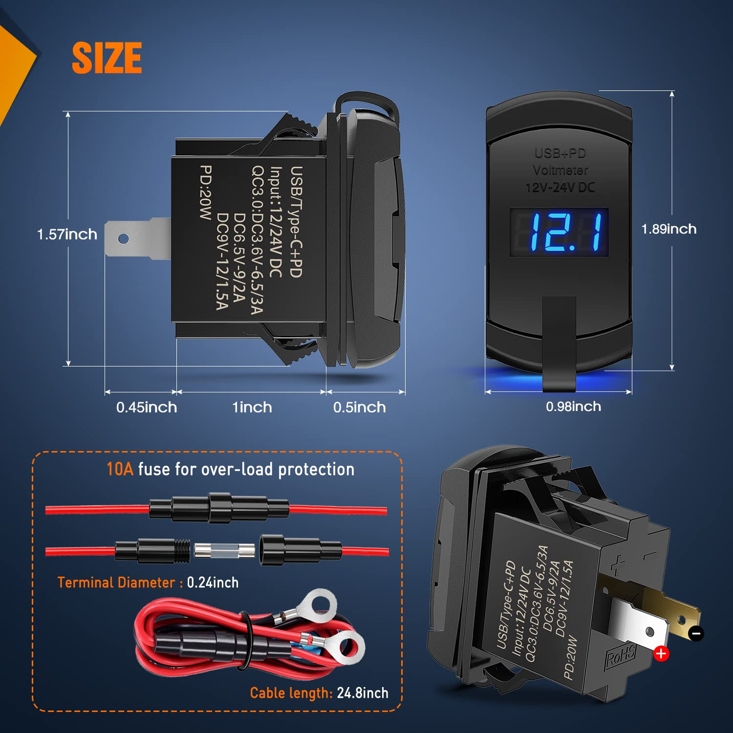 Nilight Rocker Switch Style USB Charger LED Voltmeter Quick Charge 12V PD Type C and USB QC 3.0 Car Charger Replacement with Inline Fuse for Rocker Switch Panel on Boats RV Truck Car