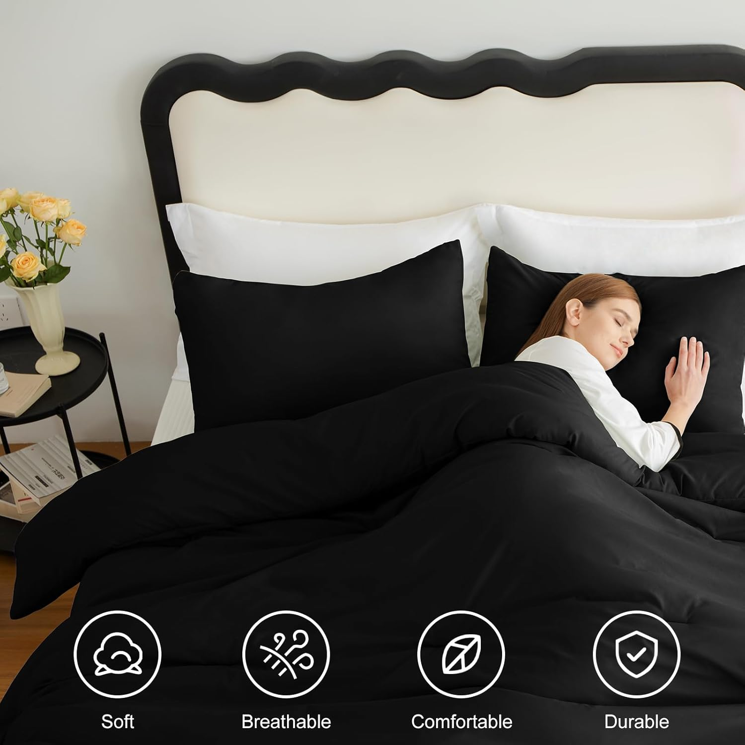 Cozylux King Size Comforter Set Black, 3 Pieces Solid Comforters King Size Breathable Quilted Style Bedding Set, Luxury Soft Microfiber down Alternative Comforter Bed Set (1 Comforter & 2 Pillowcases) image number 7