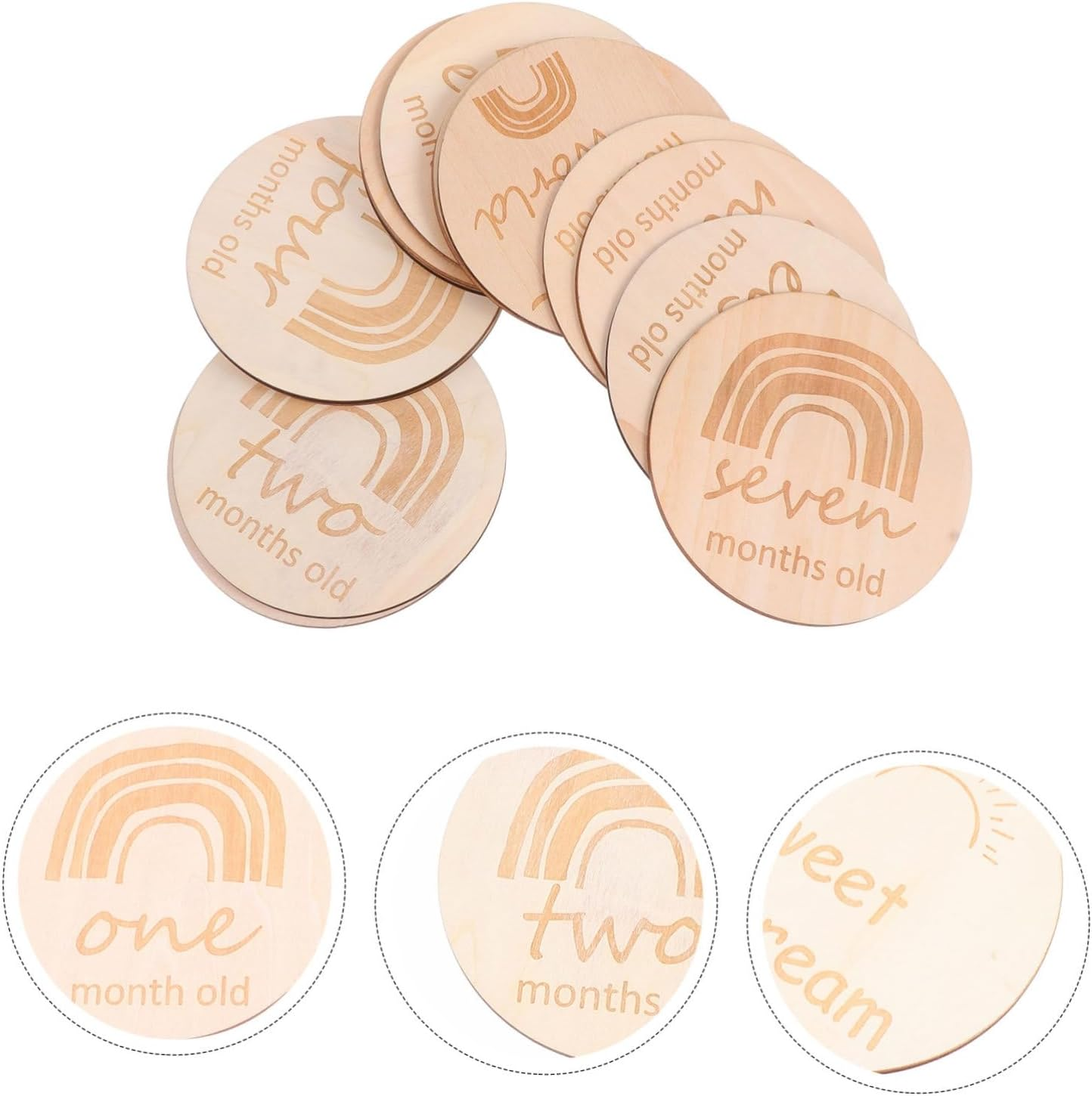 Toddmomy 13Pcs Wooden Birth Month Cards Double Sided Rainbow Milestone Commemorate Cards for Photography Props Safe Natural Material Smooth Surface