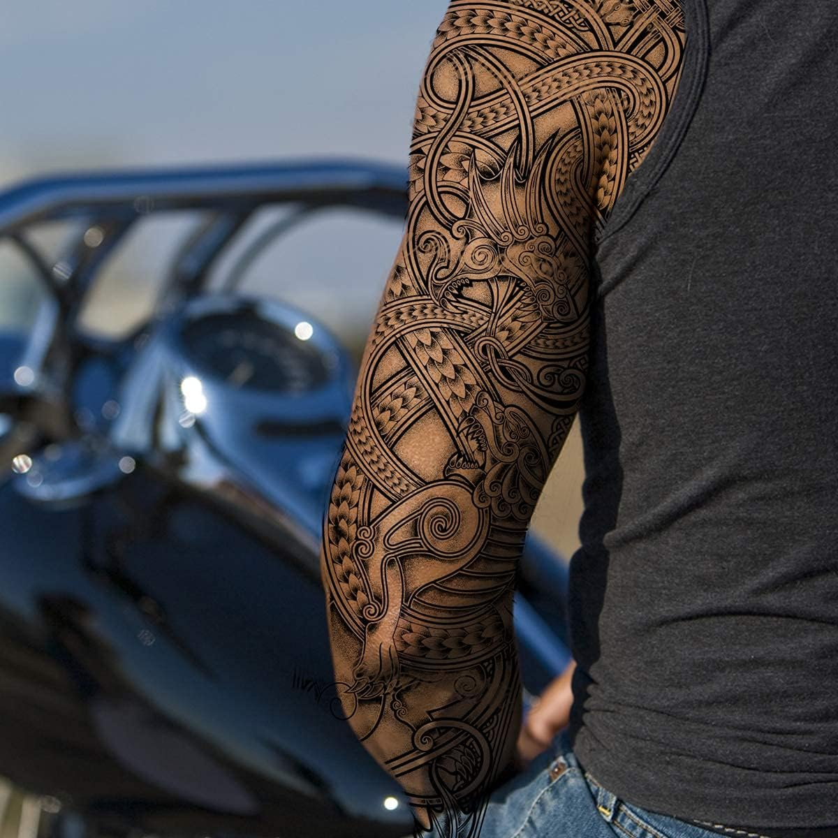 2X Dragon Temporary Tattoo Full Arm Body Art Stickers Nordic Compass Viking Celtic Tribal Middle Ages Medieval Full Adults Kids Men Women Arm Leg Sleeves Fancy Dress Cosplay image number 6