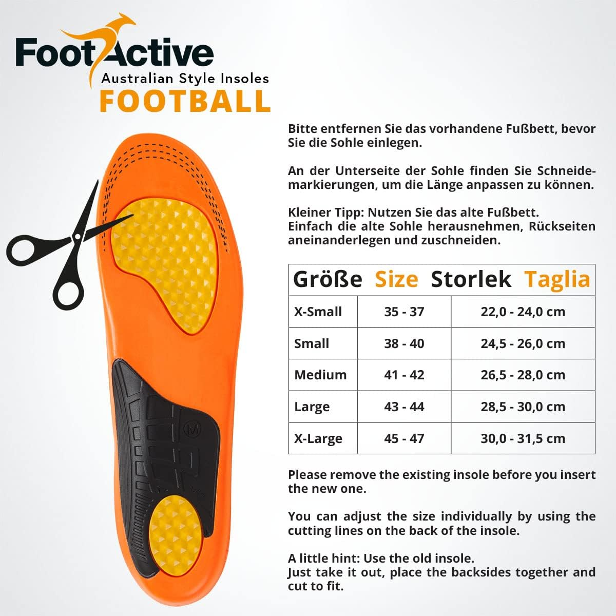 Footlogics Football Orthotic Insoles for Rugby, NRL, AFL & Soccer Boots and Athletics Shoes, Provides Support and Cushioning, Gel Pads in Heel & Forefoot, Relieves Sports Injuries, Full Length, Large, Pair