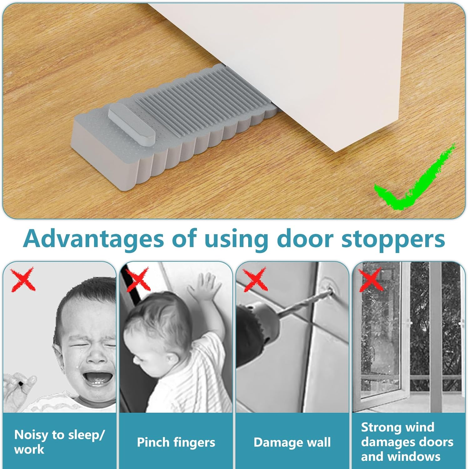 6Pcs Door Stopper, Geeric Rubber Door Stopper Slip Resistant Stackable Height Adjustable Door Stop Wedge Heavy Duty for Bottom of Door Protect Walls Floors Windows Grey - Black image number 4