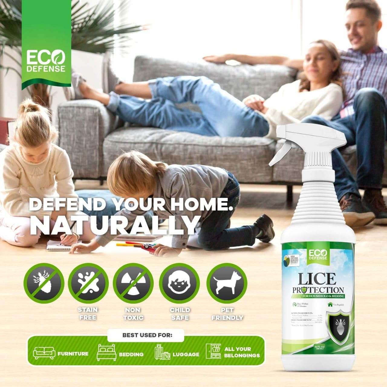 Eco Defense USDA Biobased Lice Spray for Furniture, Bedding, and Home - Natural Extra Strength Treatment - Helps Keep Home Free of Lice image number 1