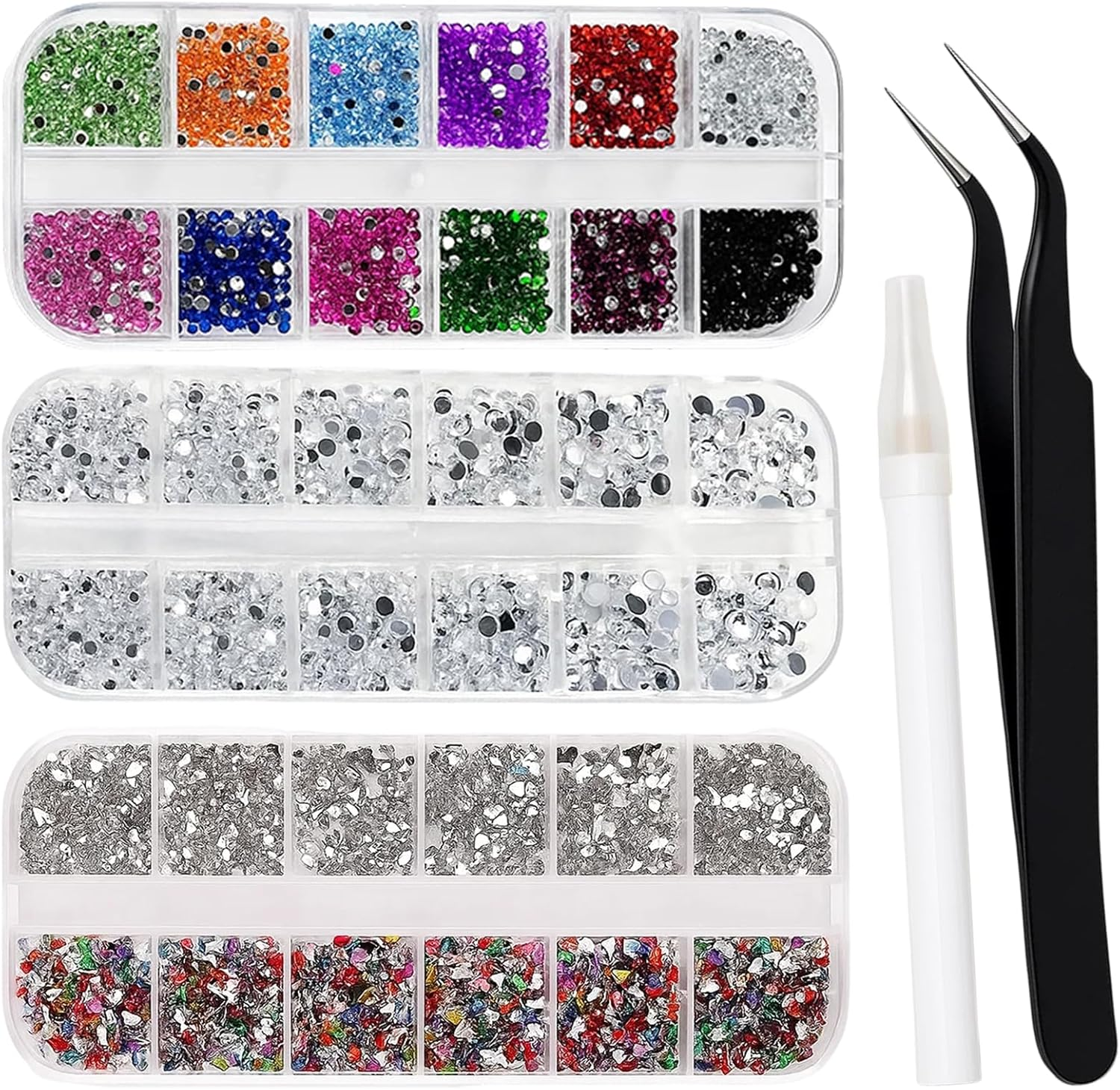 Nail Charms, 3 Pack 12 Grid Square Boxes with White Pen and Black Tweezers, 4000-4400PCS Nail Gems for DIY Nail Art, Gift for Women and Girls image number 6